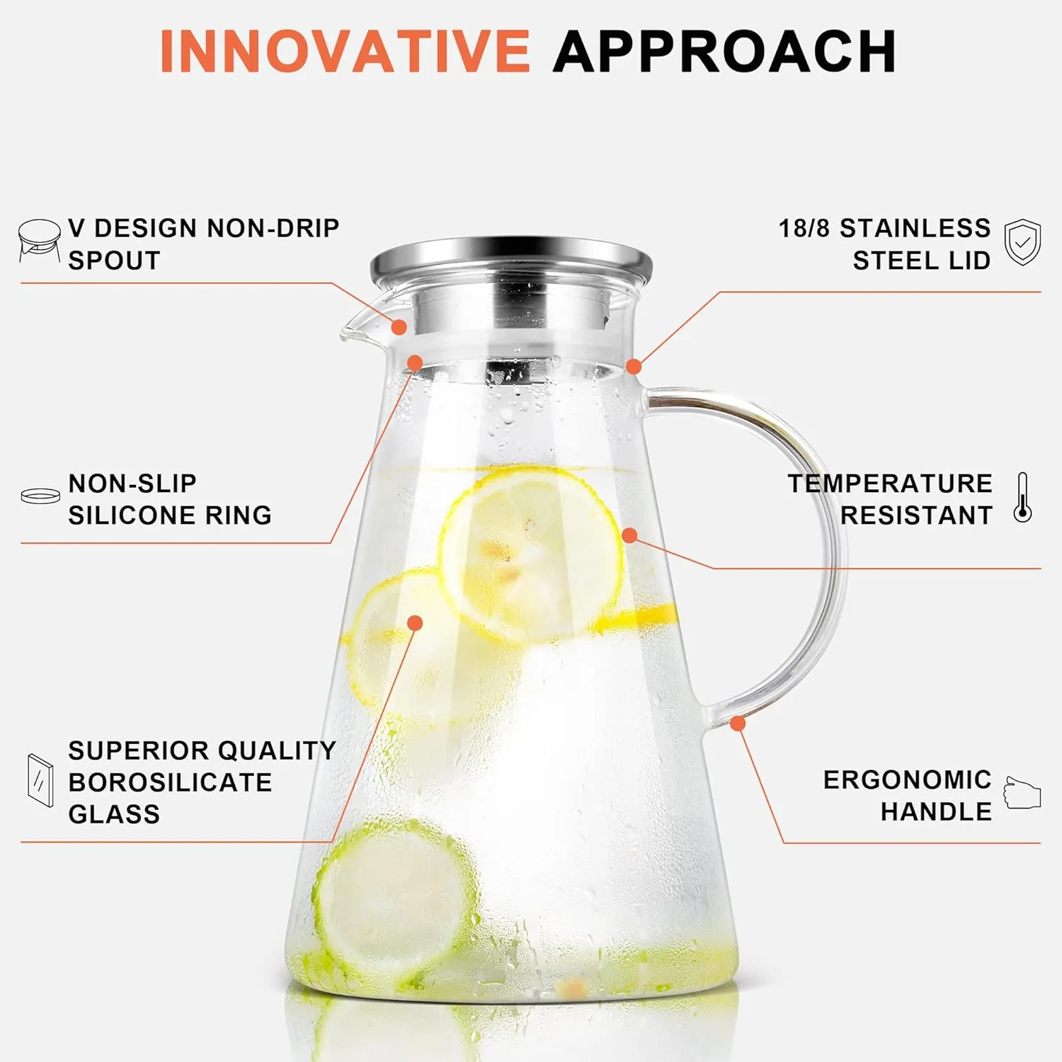 SUSTEAS 2.0 Liter 68oz Glass Pitcher with Lid, Easy Clean Heat Resistant Glass Water Carafe with Handle for Hot/Cold Beverages - Water, Cold Brew, Iced Tea & Juice, With 1 Long-Handled Brush Included