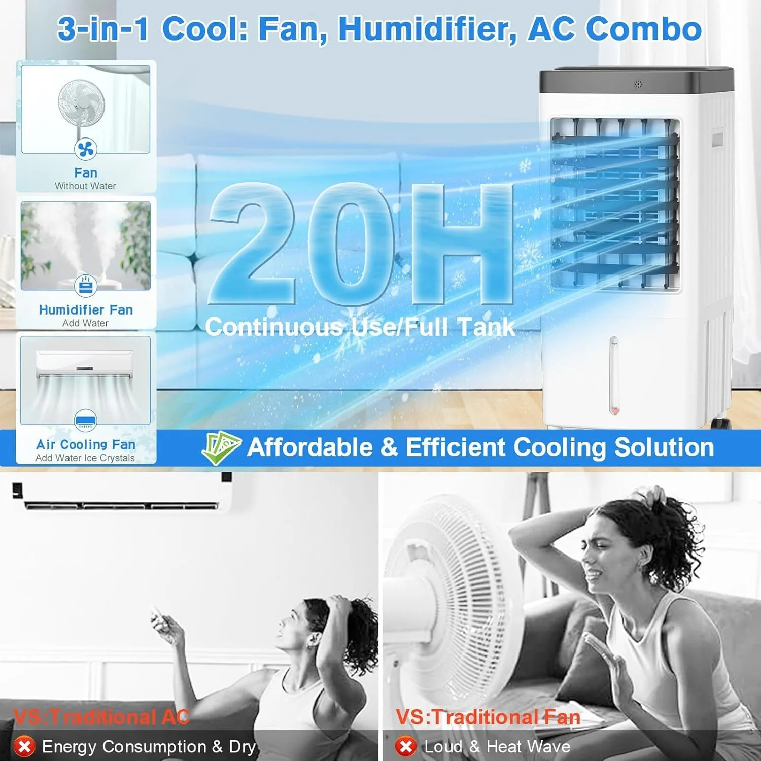 Swamp Cooler, Evaporative Air Cooler with 6 Ice Packs, Swamp Cooler Air Conditioner with 3 Gallon Water Tank, 3 Speeds, 80° Oscillation, Portable Air Conditioners Alternative for Room Bedroom Office