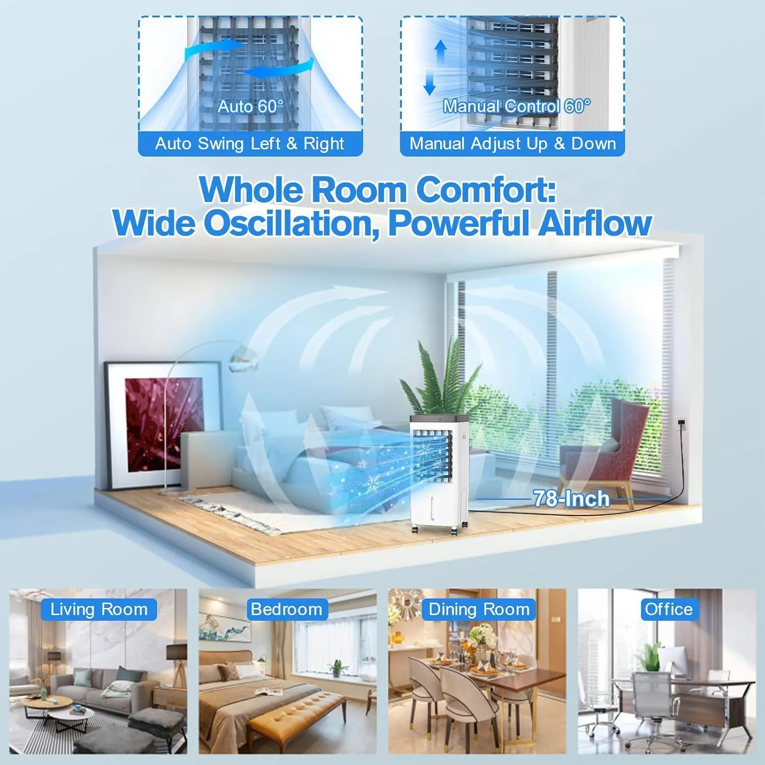 Swamp Cooler, Evaporative Air Cooler with 6 Ice Packs, Swamp Cooler Air Conditioner with 3 Gallon Water Tank, 3 Speeds, 80° Oscillation, Portable Air Conditioners Alternative for Room Bedroom Office