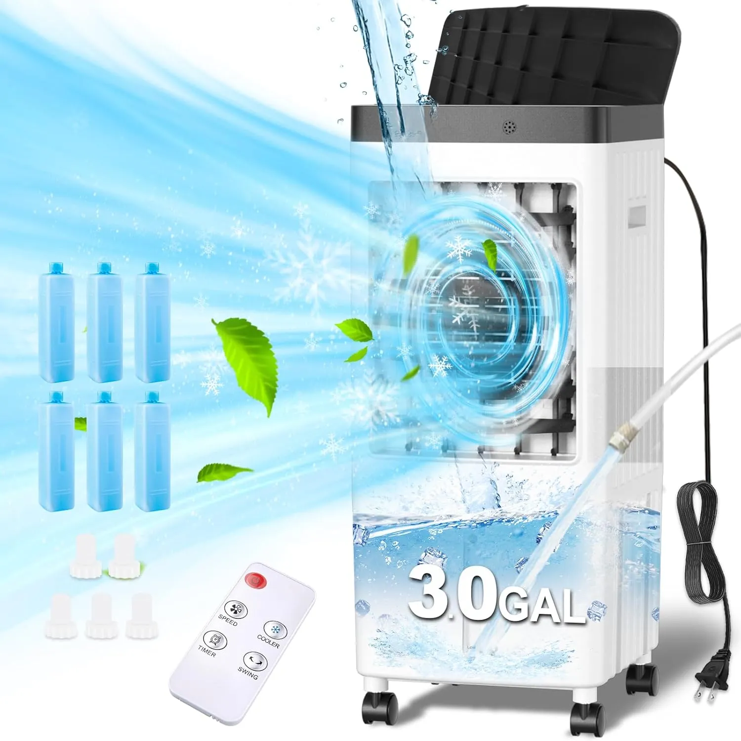 Swamp Cooler, Evaporative Air Cooler with 6 Ice Packs, Swamp Cooler Air Conditioner with 3 Gallon Water Tank, 3 Speeds, 80° Oscillation, Portable Air Conditioners Alternative for Room Bedroom Office
