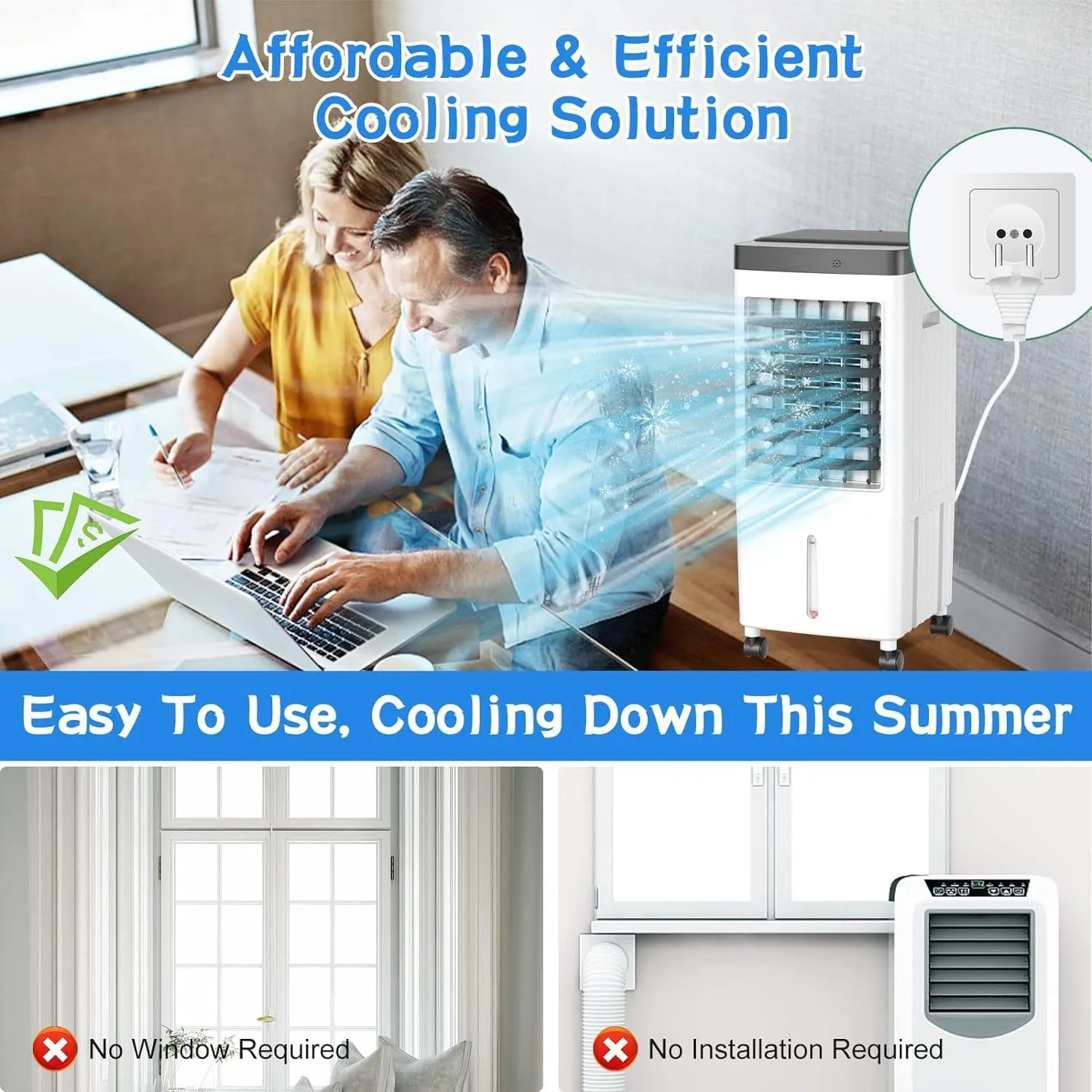 Swamp Cooler, Evaporative Air Cooler with 6 Ice Packs, Swamp Cooler Air Conditioner with 3 Gallon Water Tank, 3 Speeds, 80° Oscillation, Portable Air Conditioners Alternative for Room Bedroom Office