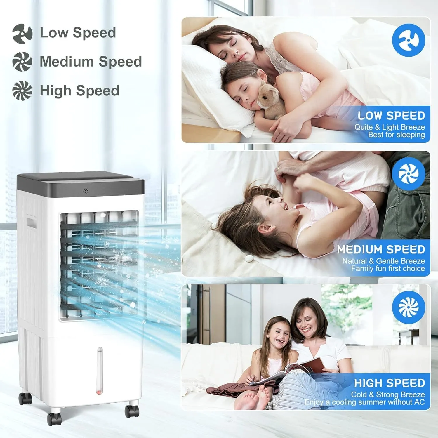 Swamp Cooler, Evaporative Air Cooler with 6 Ice Packs, Swamp Cooler Air Conditioner with 3 Gallon Water Tank, 3 Speeds, 80° Oscillation, Portable Air Conditioners Alternative for Room Bedroom Office