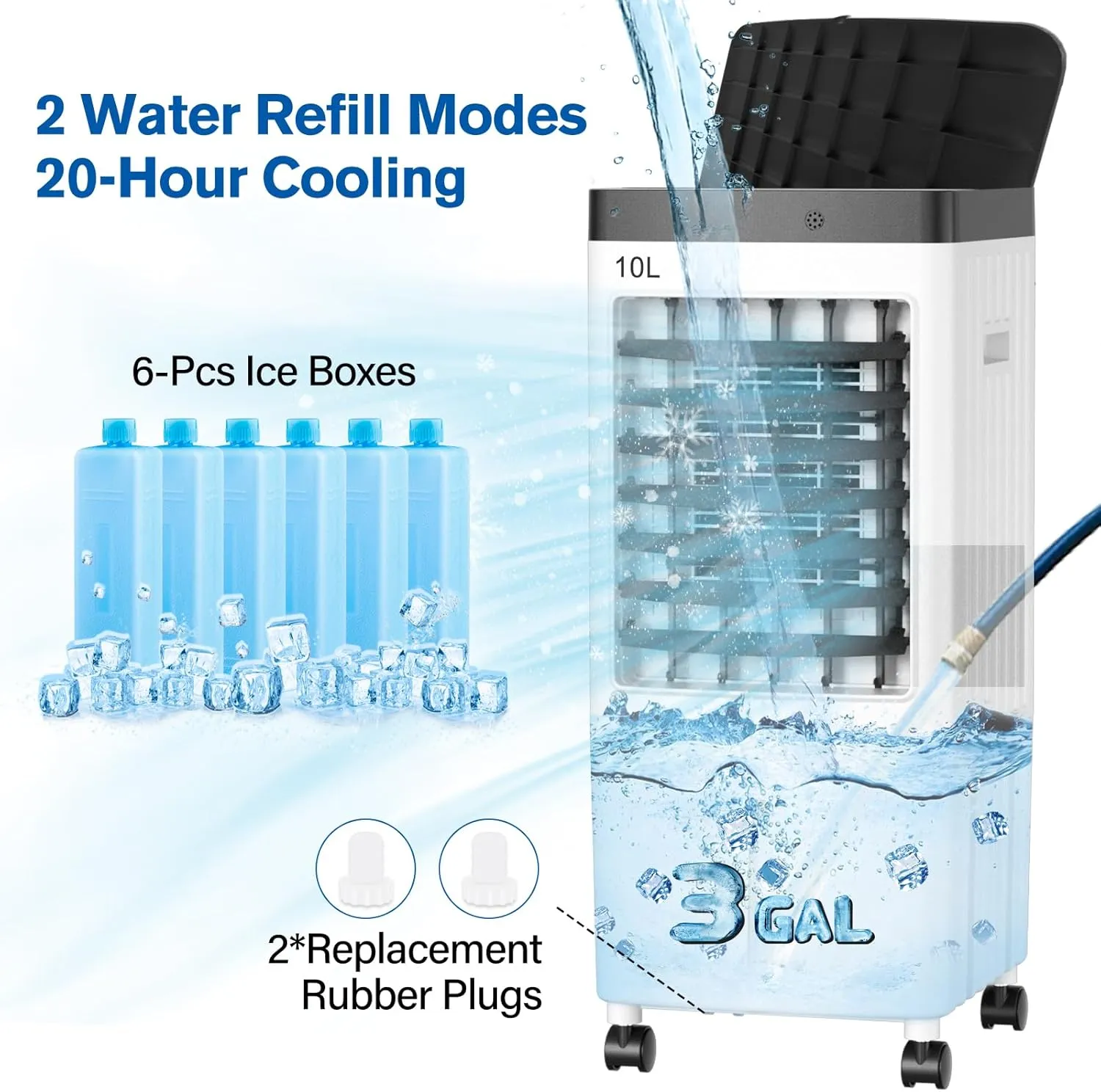 Swamp Cooler, Evaporative Air Cooler with 6 Ice Packs, Swamp Cooler Air Conditioner with 3 Gallon Water Tank, 3 Speeds, 80° Oscillation, Portable Air Conditioners Alternative for Room Bedroom Office