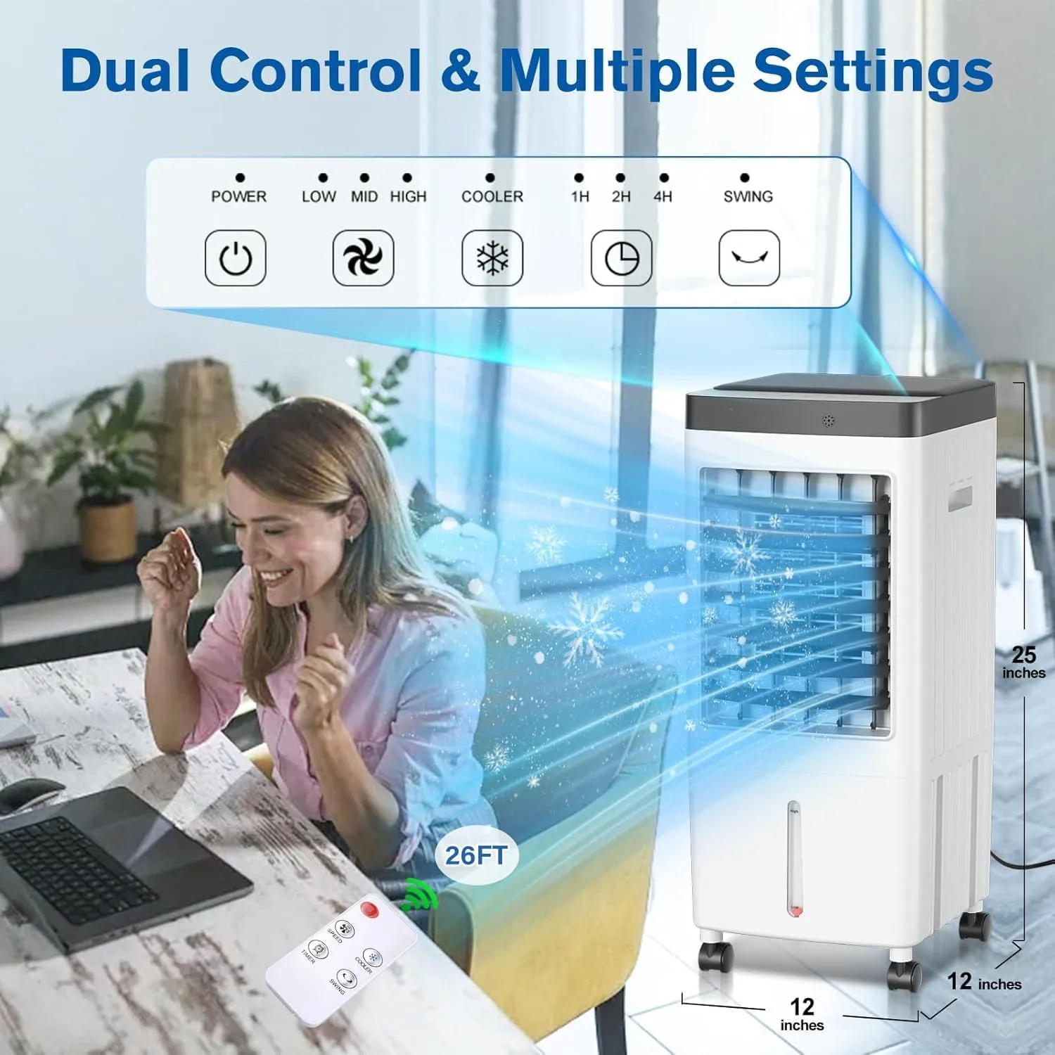 Swamp Cooler, Evaporative Air Cooler with 6 Ice Packs, Swamp Cooler Air Conditioner with 3 Gallon Water Tank, 3 Speeds, 80° Oscillation, Portable Air Conditioners Alternative for Room Bedroom Office