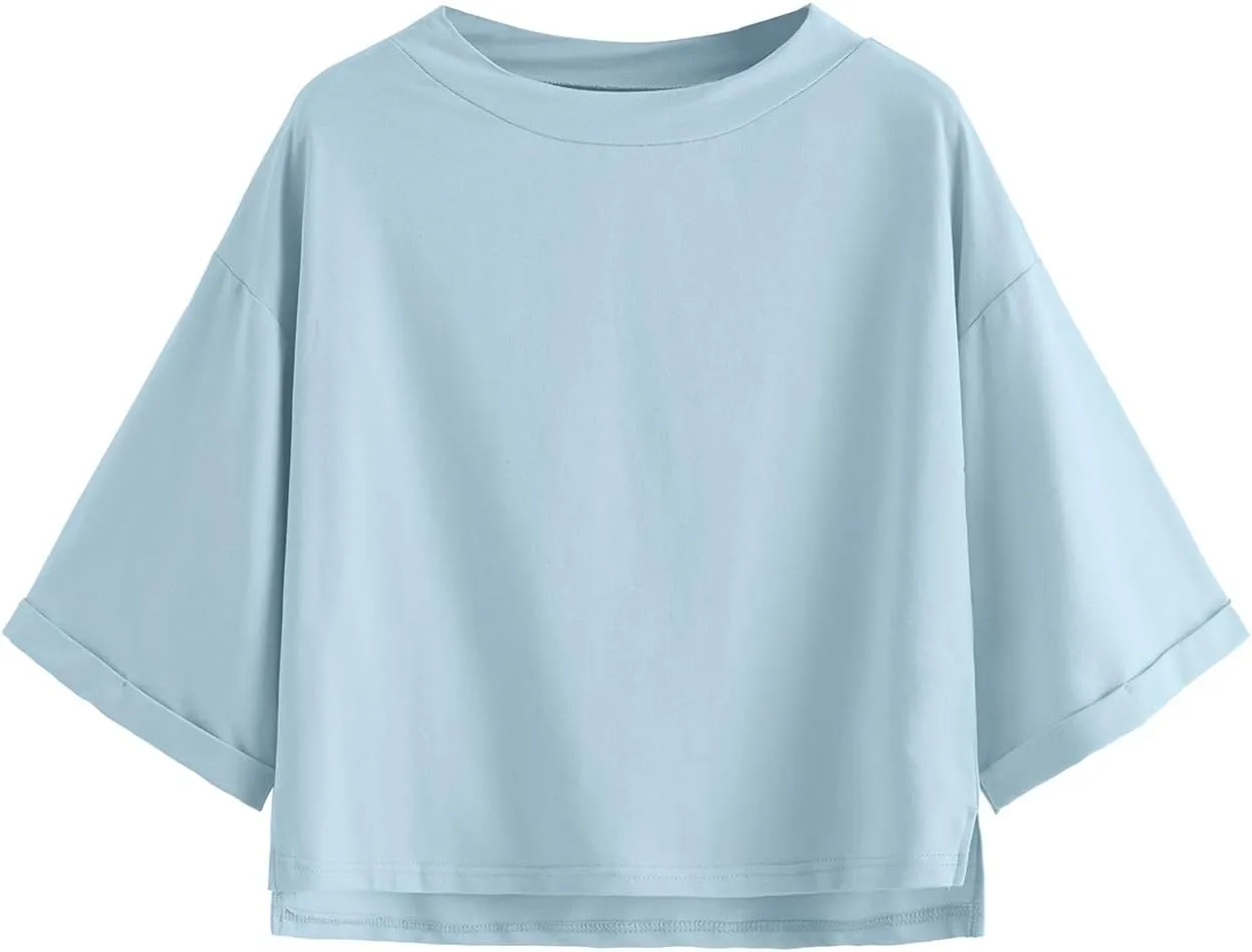 SweatyRocks Women's 3/4 Sleeve Mock Neck Basic Loose T-Shirt Elegant Top