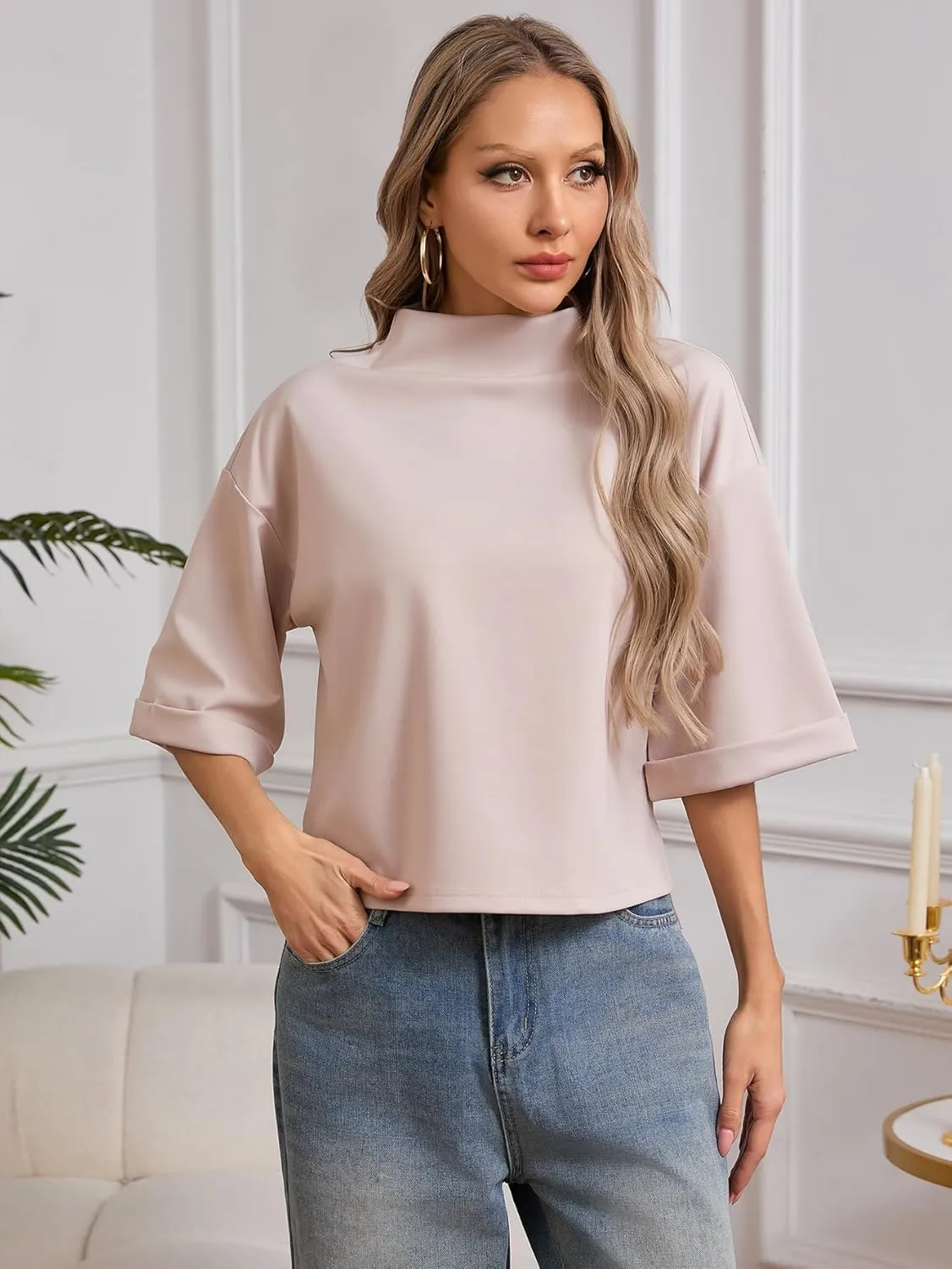 SweatyRocks Women's 3/4 Sleeve Mock Neck Basic Loose T-Shirt Elegant Top