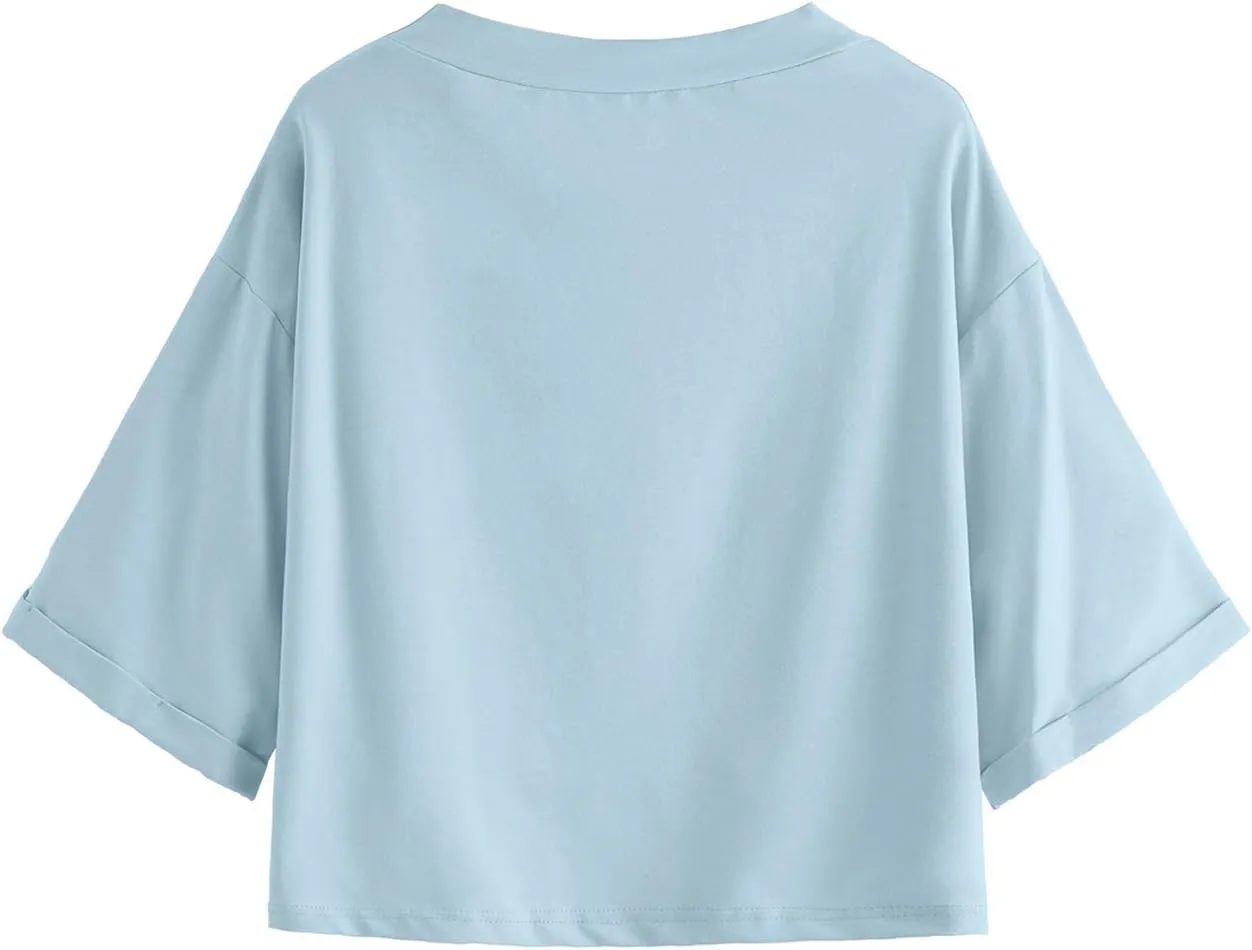 SweatyRocks Women's 3/4 Sleeve Mock Neck Basic Loose T-Shirt Elegant Top