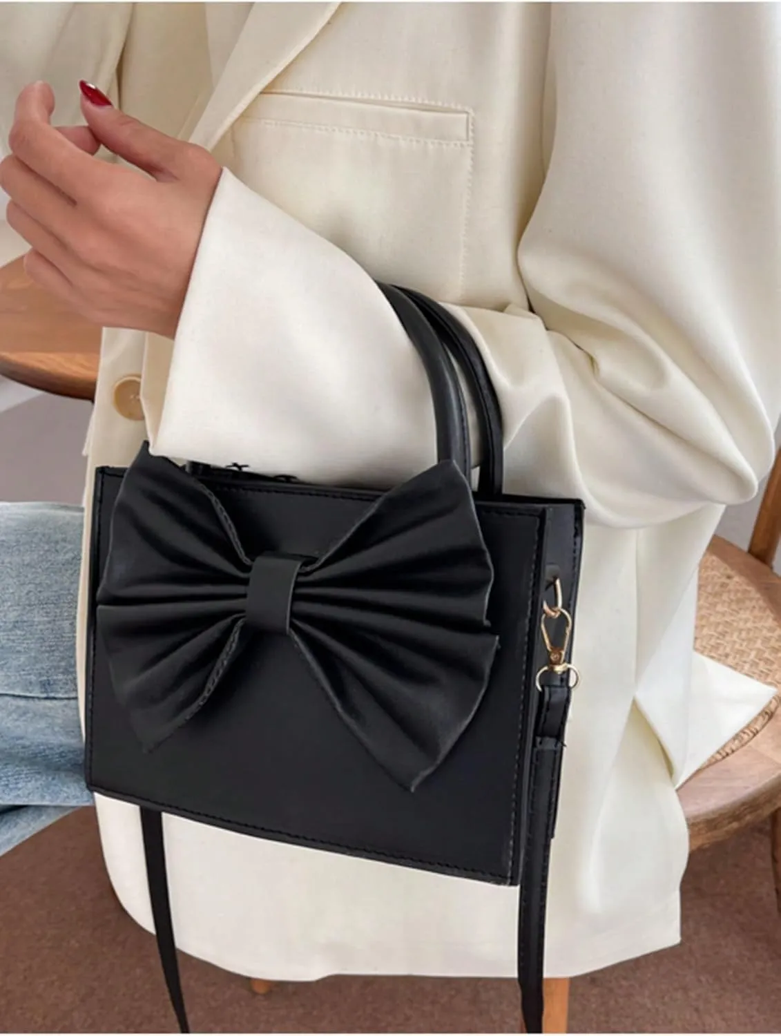 SweatyRocks Women's Crossbody Bag Bowknot Purse Top Handle PU Leather Square Shoulder Handbag Black One Size