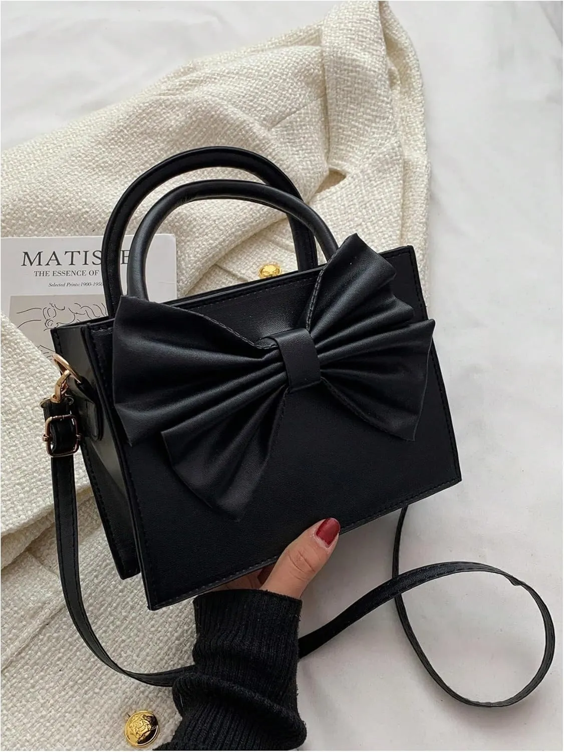 SweatyRocks Women's Crossbody Bag Bowknot Purse Top Handle PU Leather Square Shoulder Handbag Black One Size