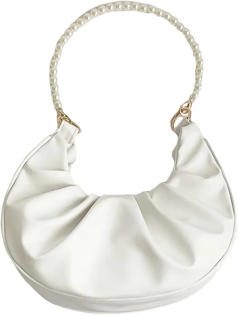 SweatyRocks Women's Elegant Clutch Purse Pearl Strap Shoulder Handbag Small Leather Ruched Bag