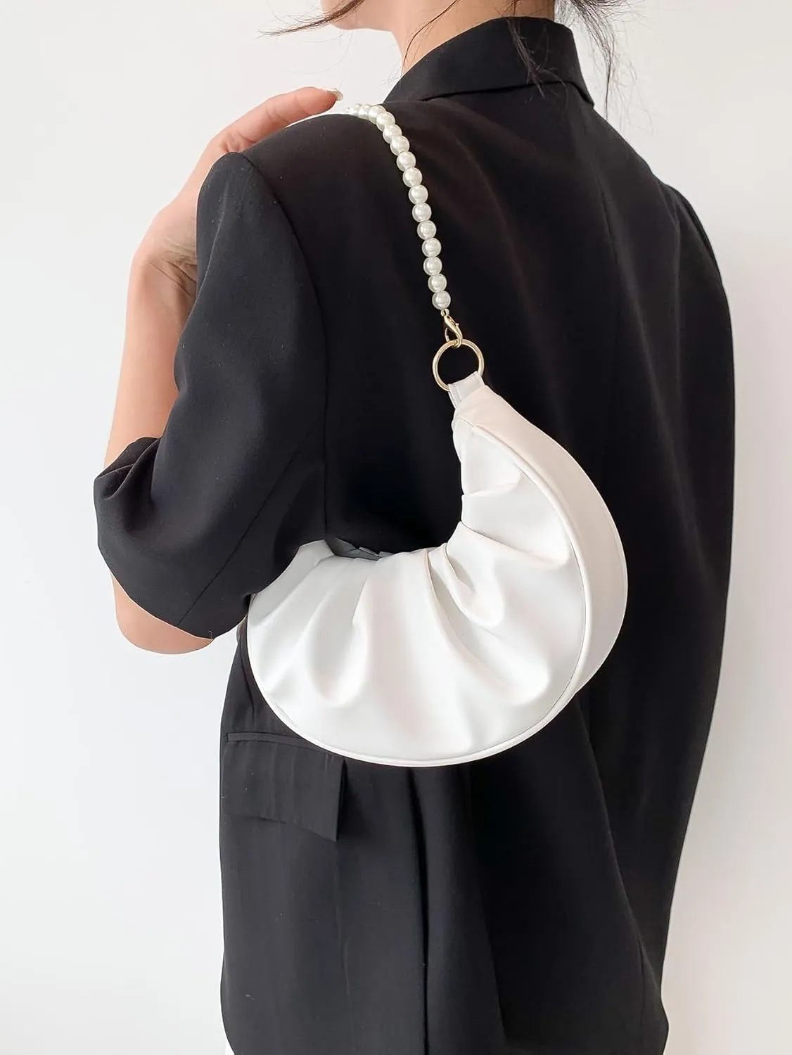 SweatyRocks Women's Elegant Clutch Purse Pearl Strap Shoulder Handbag Small Leather Ruched Bag