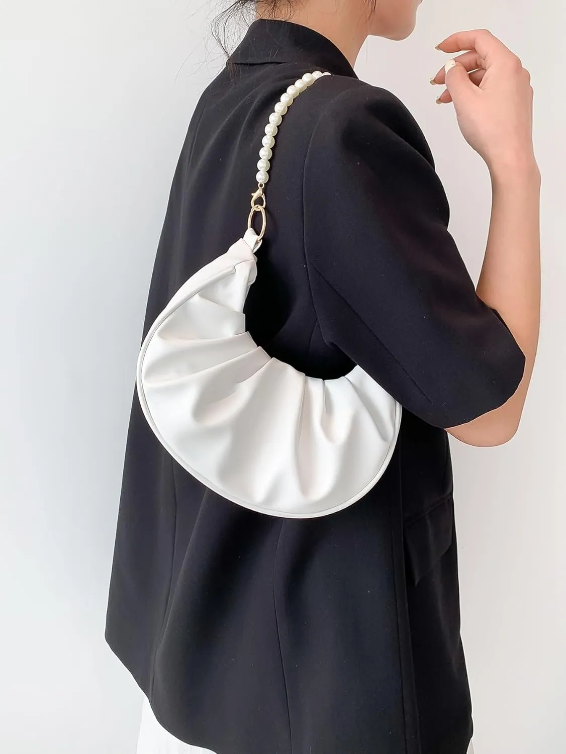 SweatyRocks Women's Elegant Clutch Purse Pearl Strap Shoulder Handbag Small Leather Ruched Bag