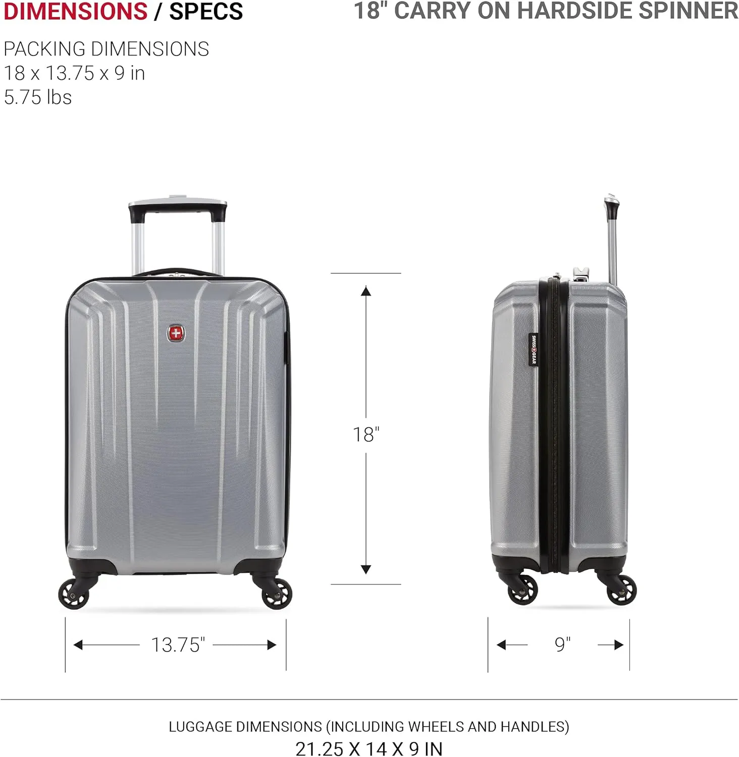 SwissGear 3750 Hardside Luggage with Spinner Wheels, Silver, Carry-On 18.5-Inch