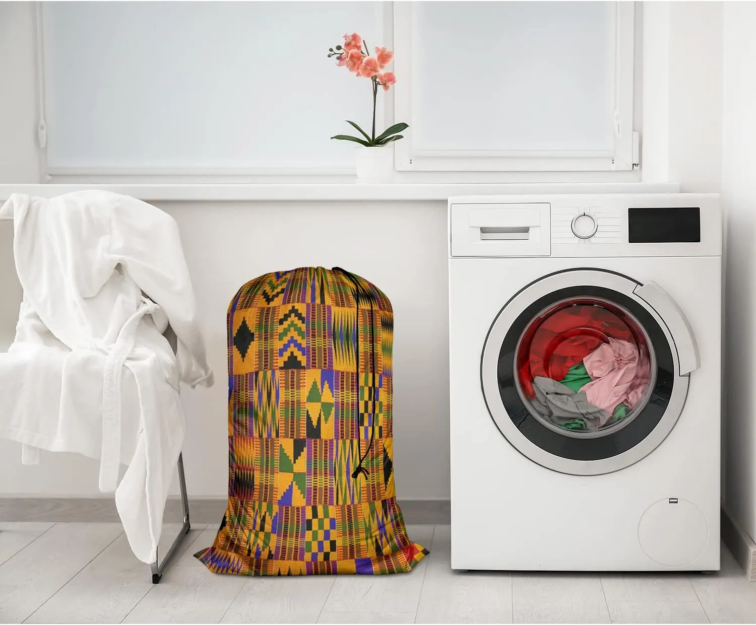 Swono African Traditional Printed XL Laundry Bags, Drawstring Closure Dirty Clothes Bag, Heavy Duty Large Laundry Bag, Ethnic Tribal Pattern Rip-Stop Bags, Machine Washable 28" x 40", Geometric