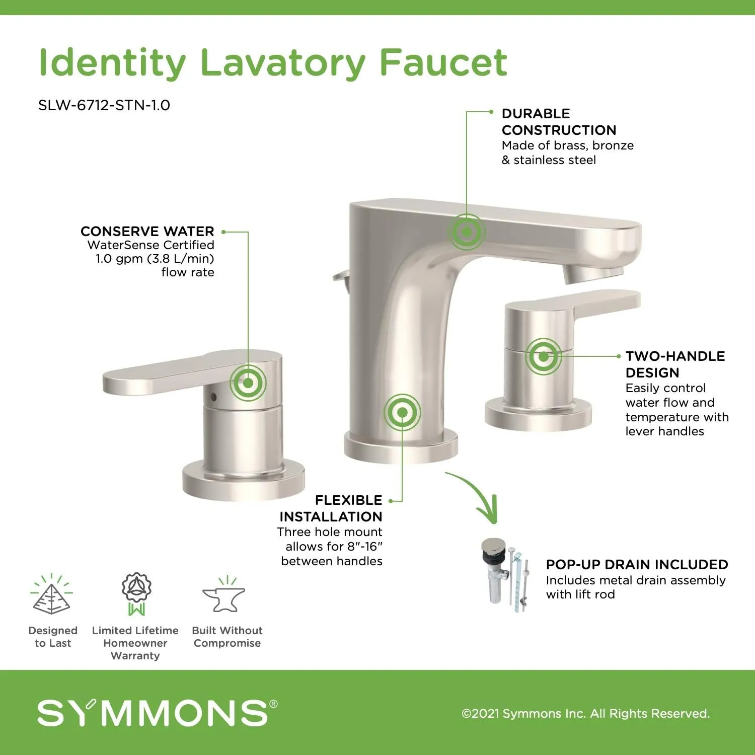 Symmons SLW-6712-STN-1.0 Identity Widespread 2-Handle Bathroom Faucet with Drain Assembly in Satin Nickel (1.0 GPM)