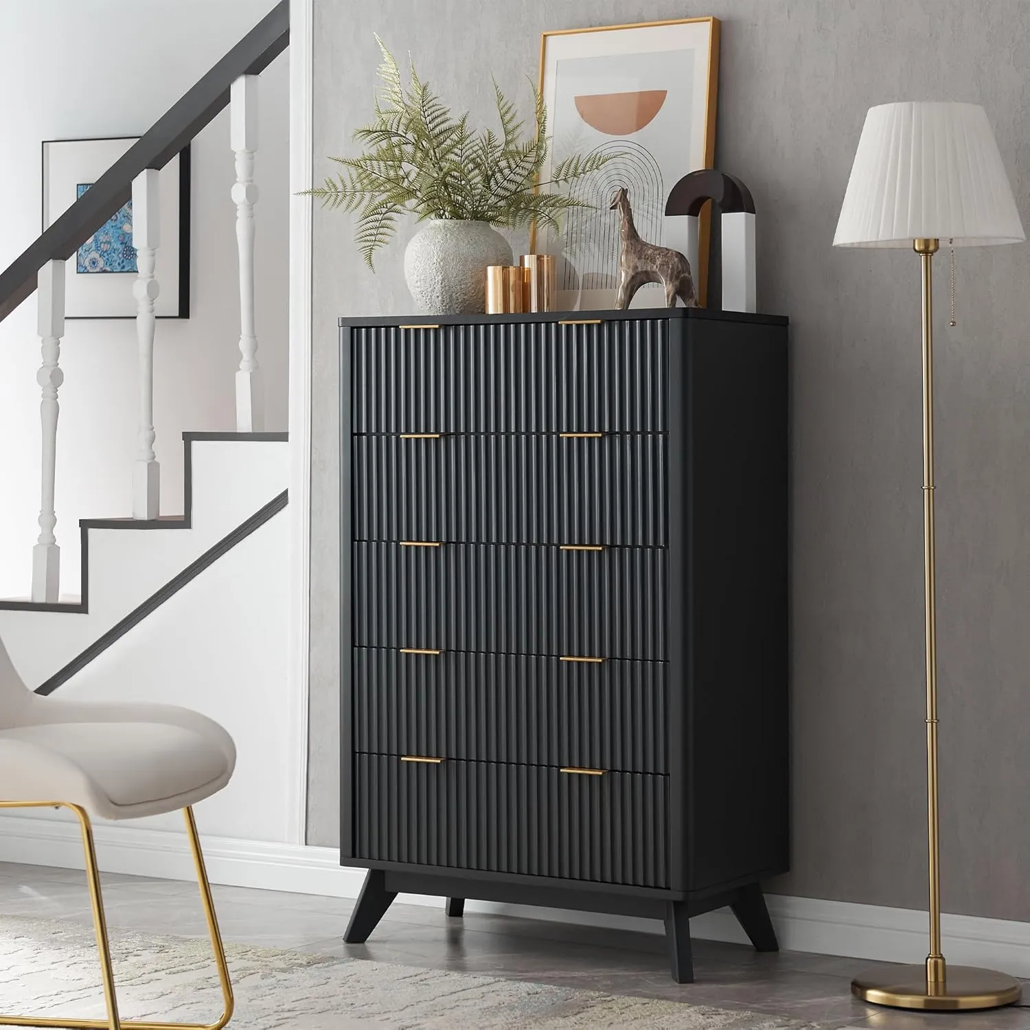 T4TREAM Fluted 5 Drawers Dresser, 48" Tall Modern Chest of Drawers with Faux Marble Top, Curved Profile Design, Wood Drawer Organizer for Bedroom, Living Room, Hallway, Entryway, Dark Grey