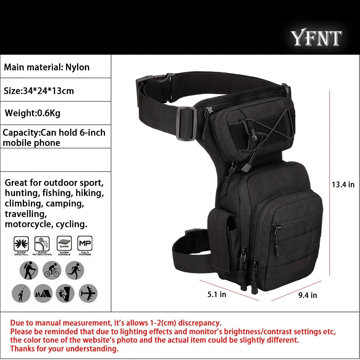 Tactical Drop Leg Bag for Men Women Military Thigh Pouch Outdoor Motorcycle Riding Hiking Waist Fanny Pack Travel Bag, Black