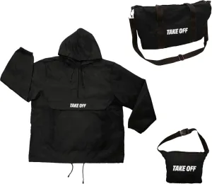 TAKE OFF 3-in-1 Duffle Bag Jacket, Converts Pouch to Duffle bag to Jacket, Kangaroo Pocket, Lightweight Jacket, Fit for Travel, Waterproof Rain Duffle Bag Jacket, Medium, Black