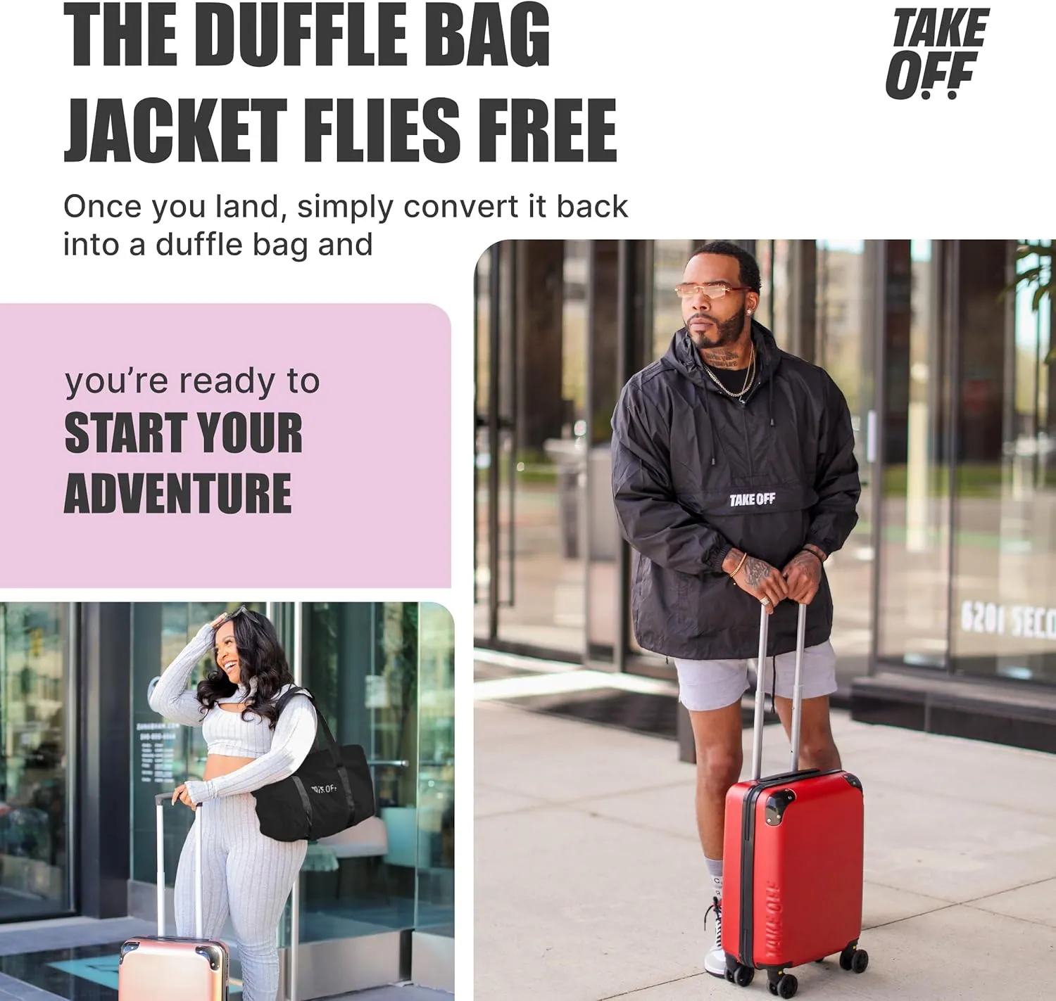 TAKE OFF 3-in-1 Duffle Bag Jacket, Converts Pouch to Duffle bag to Jacket, Kangaroo Pocket, Lightweight Jacket, Fit for Travel, Waterproof Rain Duffle Bag Jacket, Medium, Black