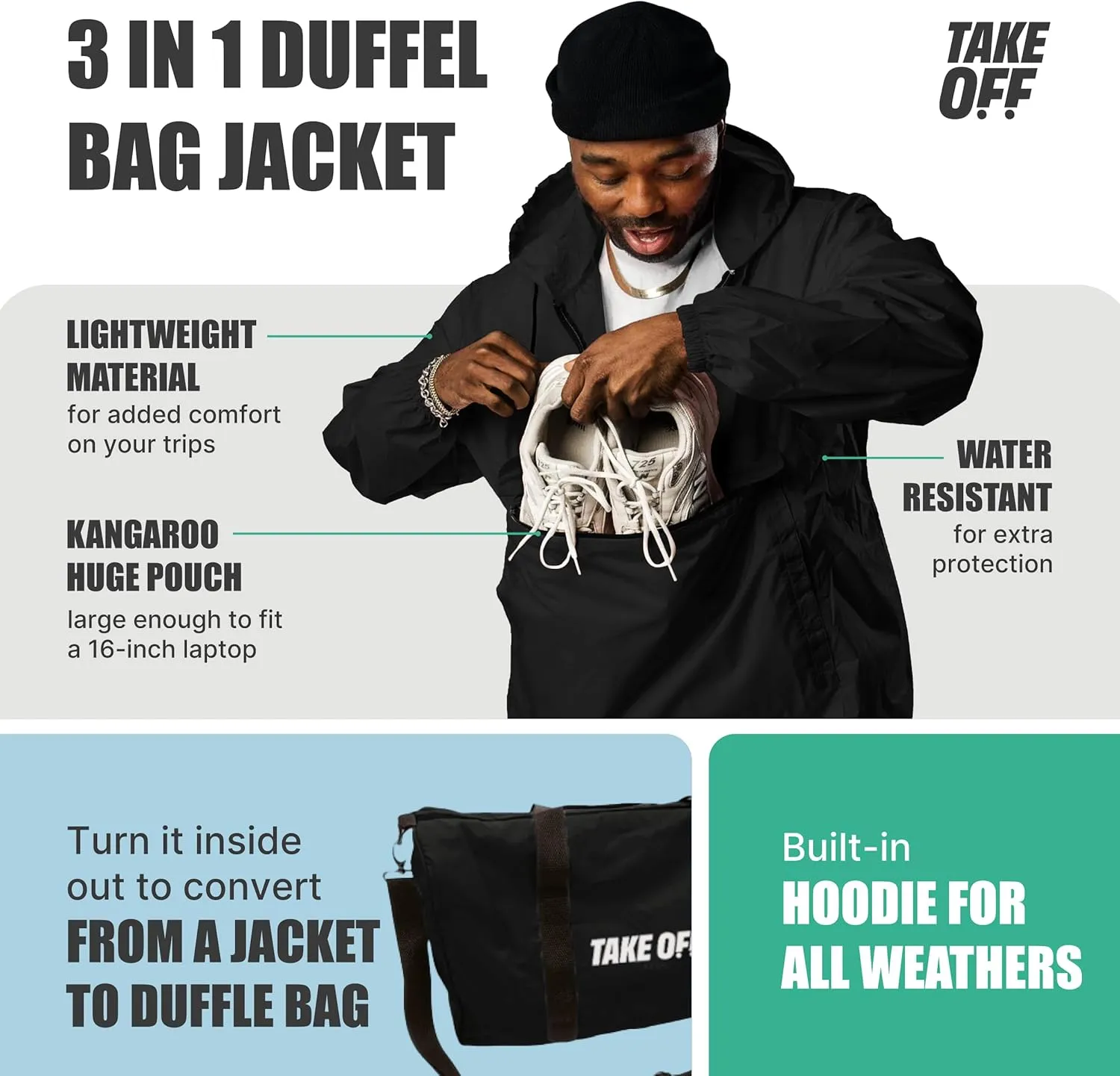 TAKE OFF 3-in-1 Duffle Bag Jacket, Converts Pouch to Duffle bag to Jacket, Kangaroo Pocket, Lightweight Jacket, Fit for Travel, Waterproof Rain Duffle Bag Jacket, Medium, Black