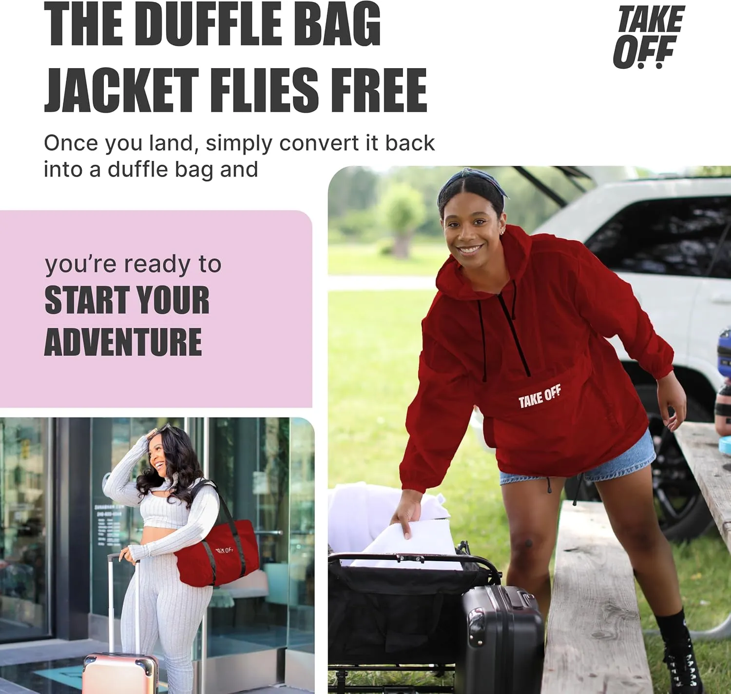 TAKE OFF 3-in-1 Duffle Bag Jacket, Converts Pouch to Duffle bag to Jacket, Kangaroo Pocket, Lightweight Jacket, Fit for Travel, Waterproof Rain Duffle Bag Jacket, Red, Medium