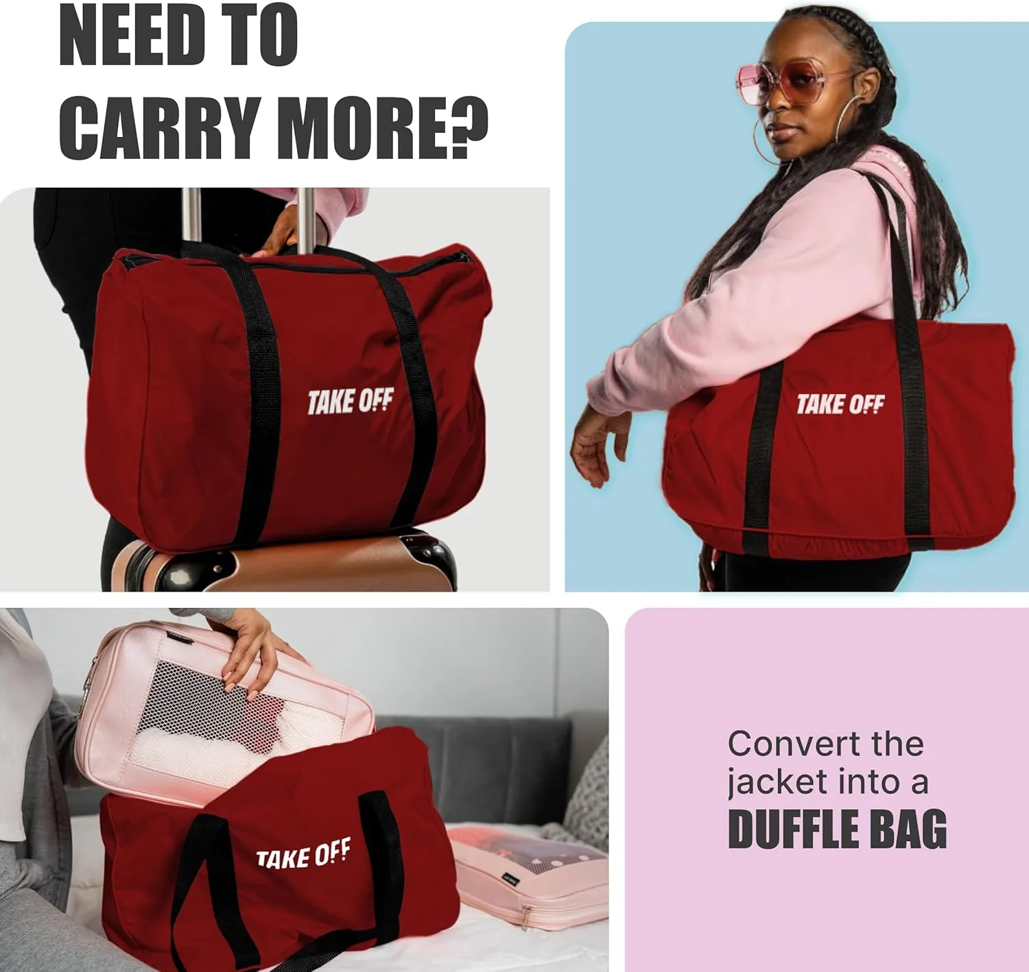 TAKE OFF 3-in-1 Duffle Bag Jacket, Converts Pouch to Duffle bag to Jacket, Kangaroo Pocket, Lightweight Jacket, Fit for Travel, Waterproof Rain Duffle Bag Jacket, Red, Small