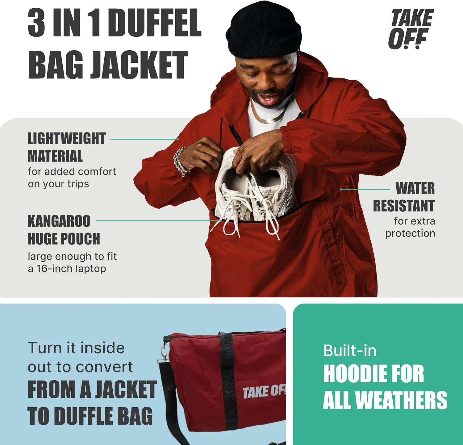 TAKE OFF 3-in-1 Duffle Bag Jacket, Converts Pouch to Duffle bag to Jacket, Kangaroo Pocket, Lightweight Jacket, Fit for Travel, Waterproof Rain Duffle Bag Jacket, Red, Small