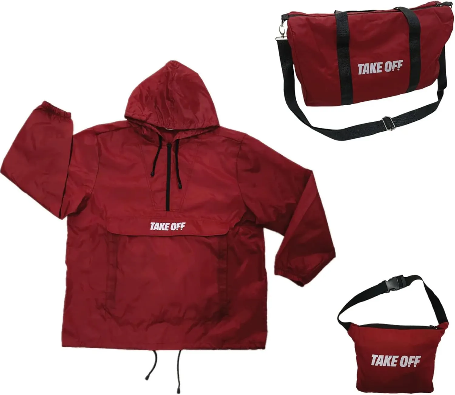 TAKE OFF 3-in-1 Duffle Bag Jacket, Converts Pouch to Duffle bag to Jacket, Kangaroo Pocket, Lightweight Jacket, Fit for Travel, Waterproof Rain Duffle Bag Jacket, Red, Small