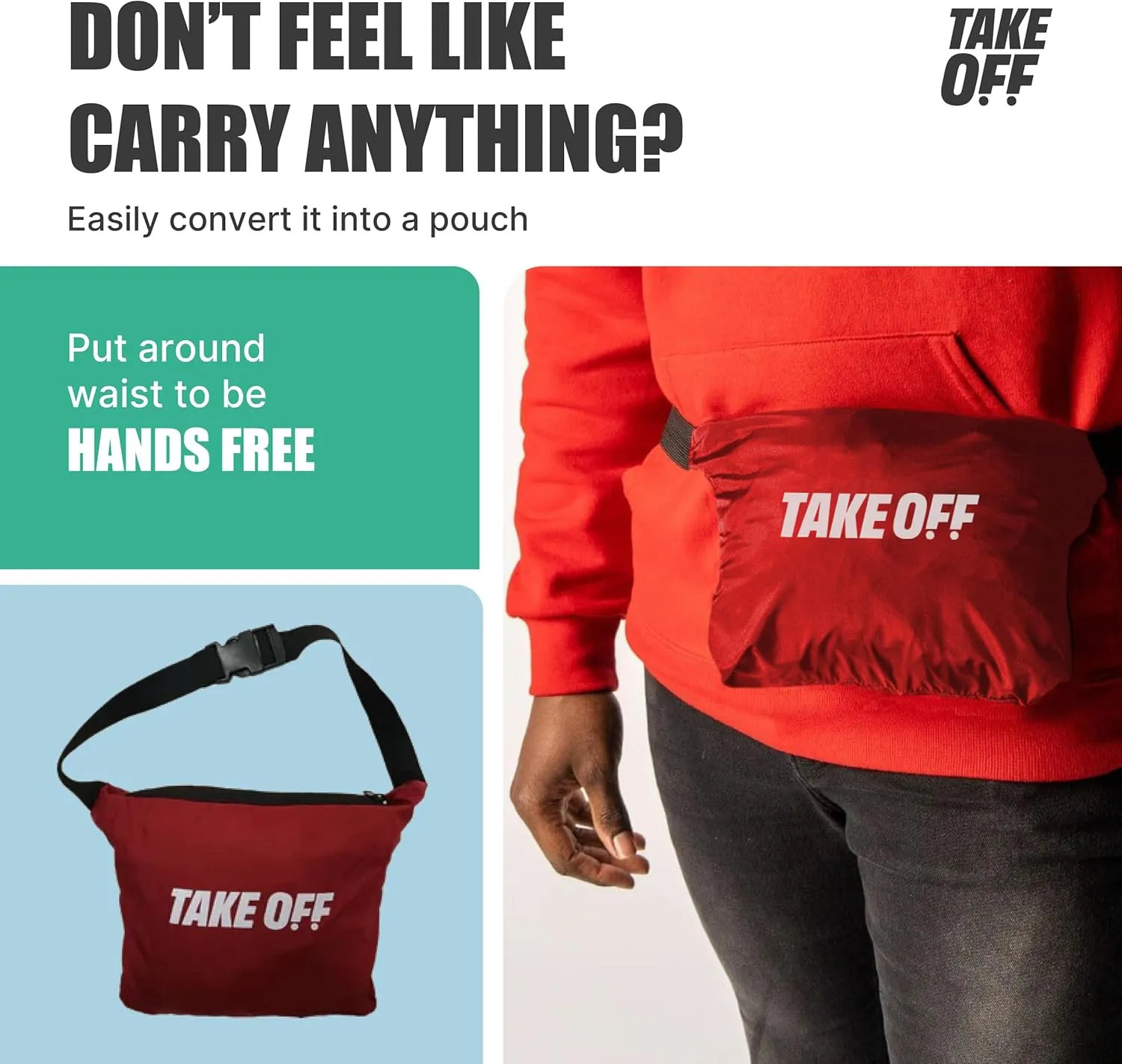 TAKE OFF 3-in-1 Duffle Bag Jacket, Converts Pouch to Duffle bag to Jacket, Kangaroo Pocket, Lightweight Jacket, Fit for Travel, Waterproof Rain Duffle Bag Jacket, Red, Small