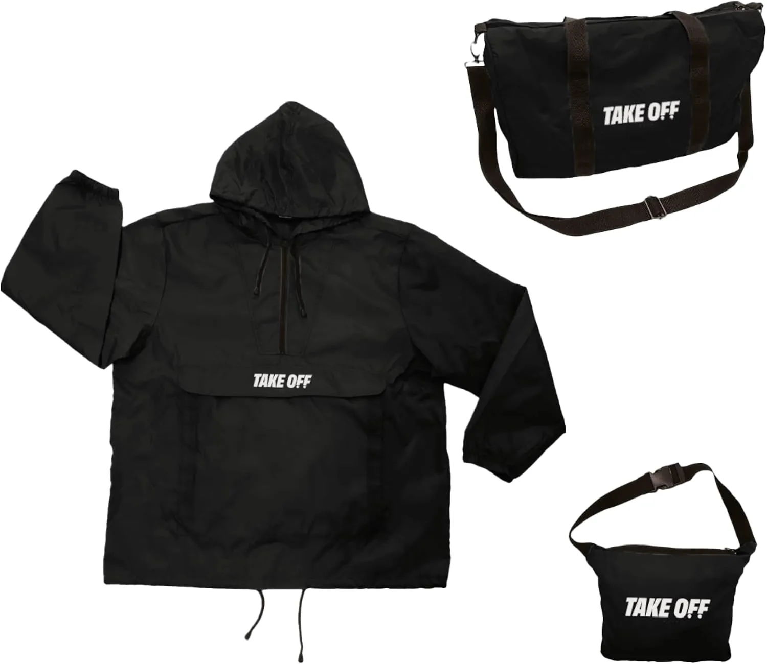 TAKE OFF 3-in-1 Duffle Bag Jacket, Converts Pouch to Duffle bag to Jacket, Kangaroo Pocket, Lightweight Jacket, Fit for Travel, Waterproof Rain Duffle Bag Jacket, Small, Black