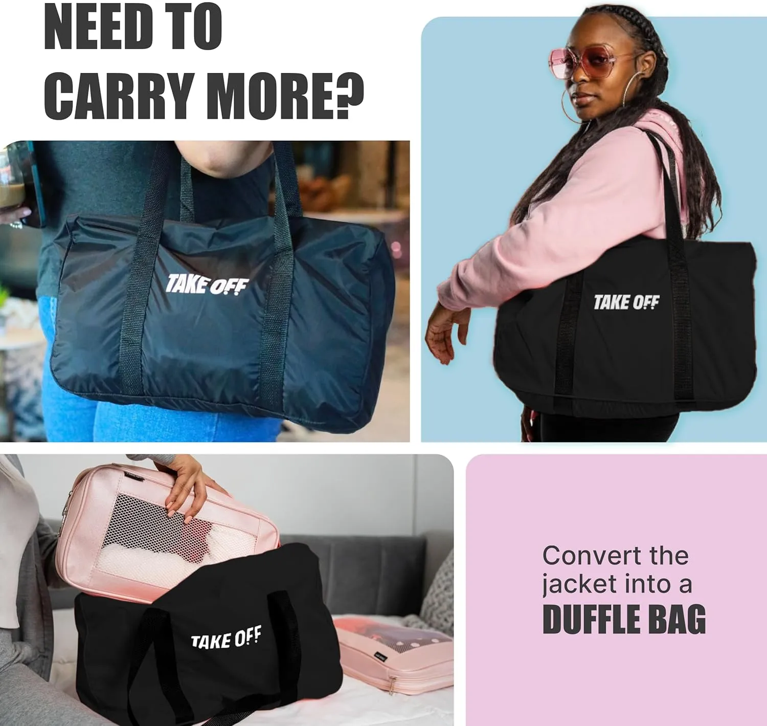 TAKE OFF 3-in-1 Duffle Bag Jacket, Converts Pouch to Duffle bag to Jacket, Kangaroo Pocket, Lightweight Jacket, Fit for Travel, Waterproof Rain Duffle Bag Jacket, Small, Black