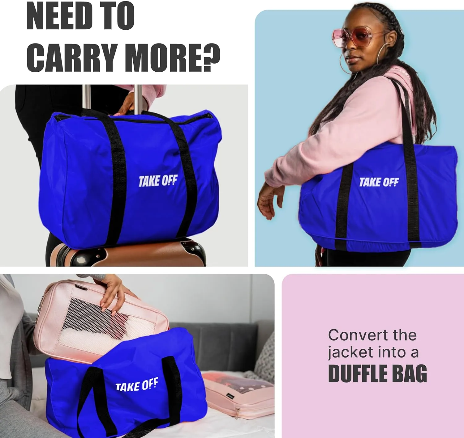 TAKE OFF 3-in-1 Duffle Bag Jacket, Converts Pouch to Duffle bag to Jacket, Kangaroo Pocket, Lightweight Jacket, Fit for Travel, Waterproof Rain Duffle Bag Jacket, Small, Blue