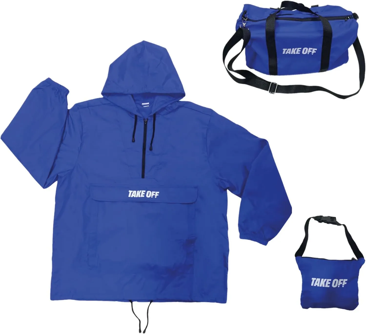 TAKE OFF 3-in-1 Duffle Bag Jacket, Converts Pouch to Duffle bag to Jacket, Kangaroo Pocket, Lightweight Jacket, Fit for Travel, Waterproof Rain Duffle Bag Jacket, Small, Blue