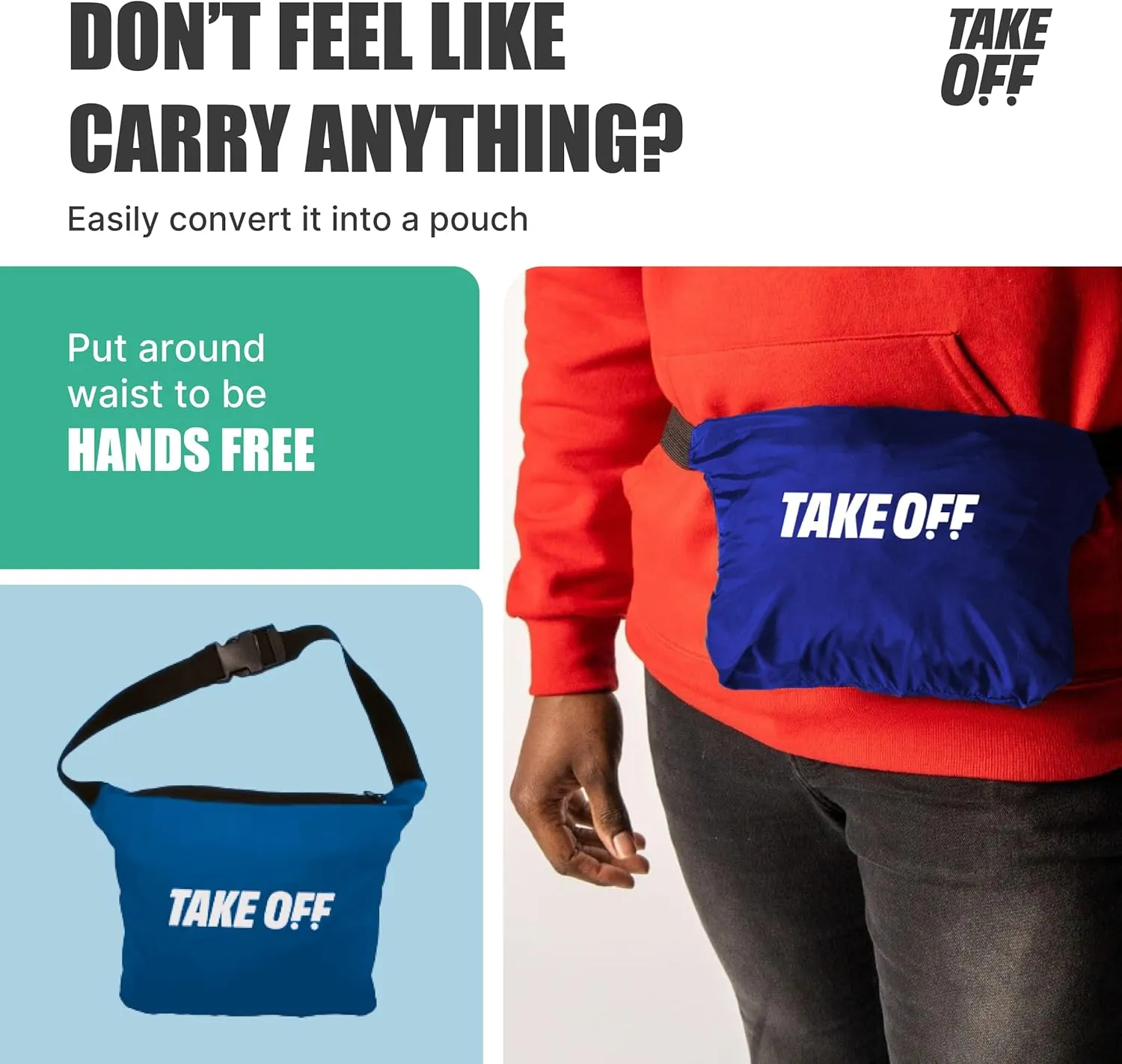 TAKE OFF 3-in-1 Duffle Bag Jacket, Converts Pouch to Duffle bag to Jacket, Kangaroo Pocket, Lightweight Jacket, Fit for Travel, Waterproof Rain Duffle Bag Jacket, Small, Blue