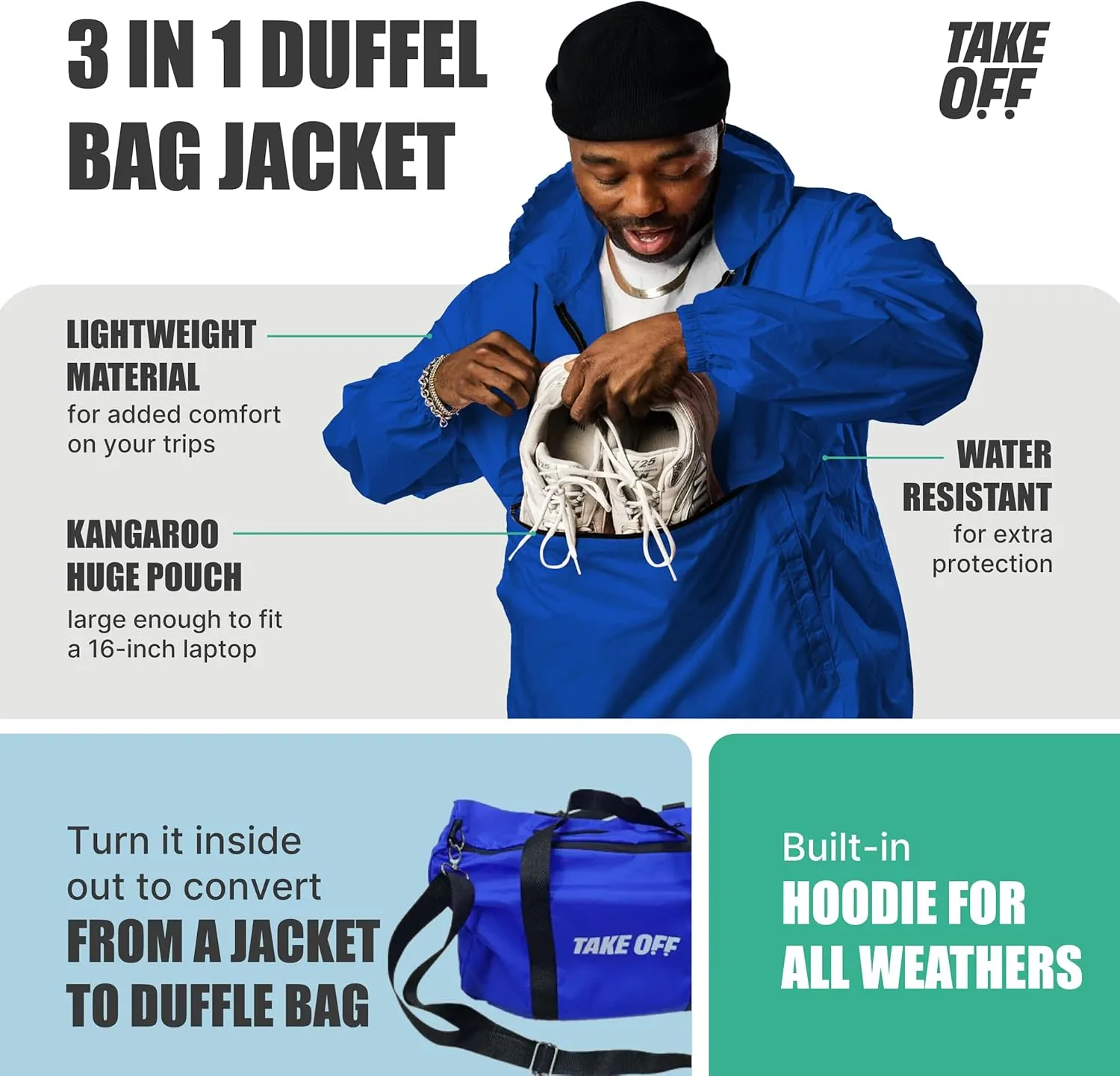 TAKE OFF 3-in-1 Duffle Bag Jacket, Converts Pouch to Duffle bag to Jacket, Kangaroo Pocket, Lightweight Jacket, Fit for Travel, Waterproof Rain Duffle Bag Jacket, Small, Blue