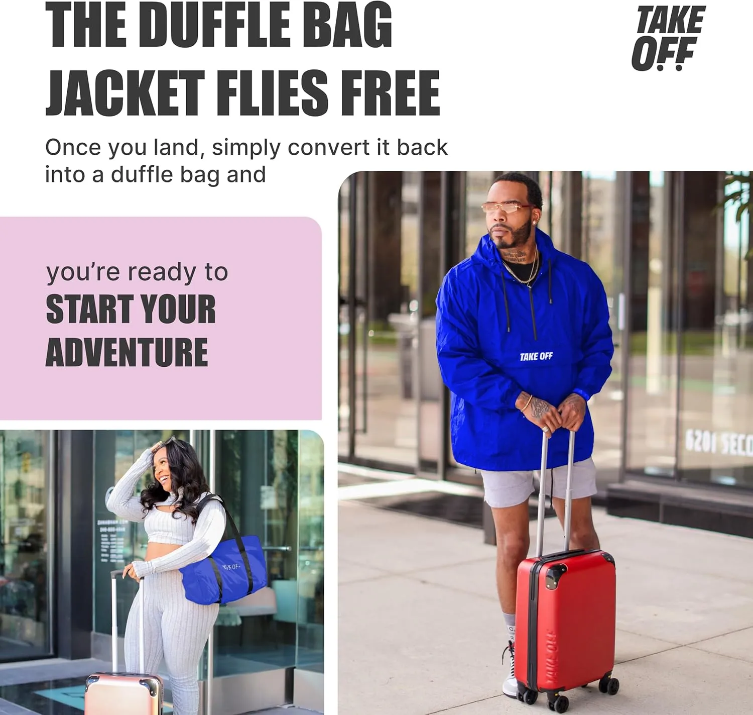 TAKE OFF 3-in-1 Duffle Bag Jacket, Converts Pouch to Duffle bag to Jacket, Kangaroo Pocket, Lightweight Jacket, Fit for Travel, Waterproof Rain Duffle Bag Jacket, Small, Blue
