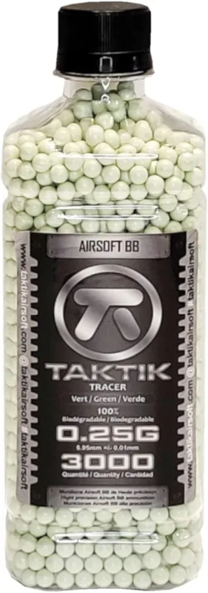 Taktik 0.25g Bio Green Tracer Airsoft BBS bb 6mm Bio - Precision Grade Highly Polished, Glow-in-The-Dark 3000 Rounds Bottle Perfect Line to Target