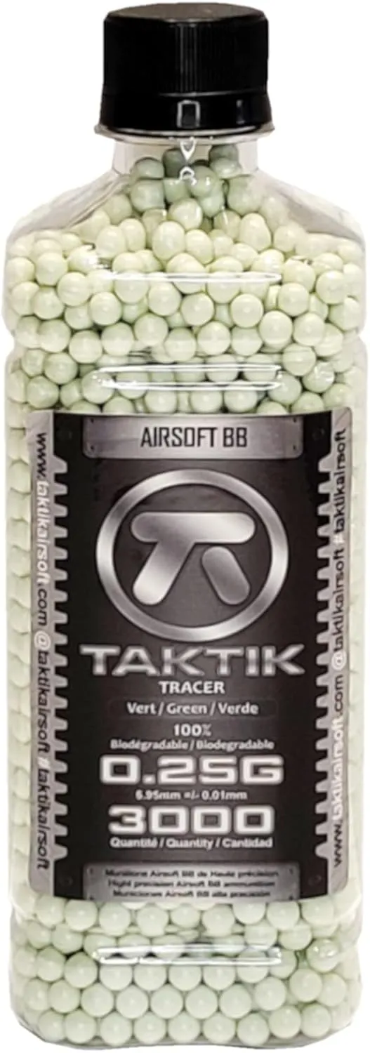 Taktik 0.25g Bio Green Tracer Airsoft BBS bb 6mm Bio - Precision Grade Highly Polished, Glow-in-The-Dark 3000 Rounds Bottle Perfect Line to Target