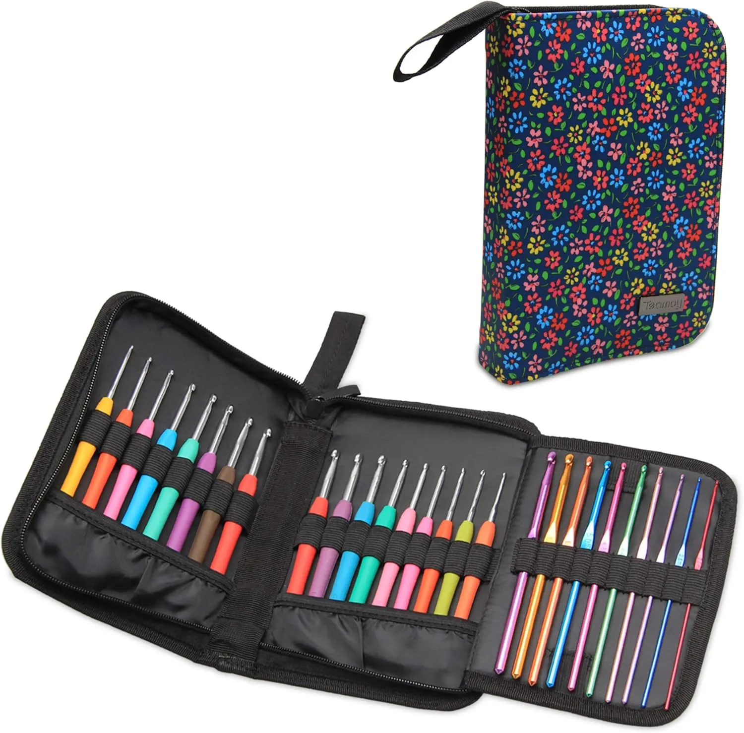 Teamoy Crochet Hook Case, Travel Carry Bag for Ergonomic Crochet Hooks Kits, Aluminum /Steel Crochet Hook and More, Lightweight, Well Made--NO Accessories Included, Flowers Blue