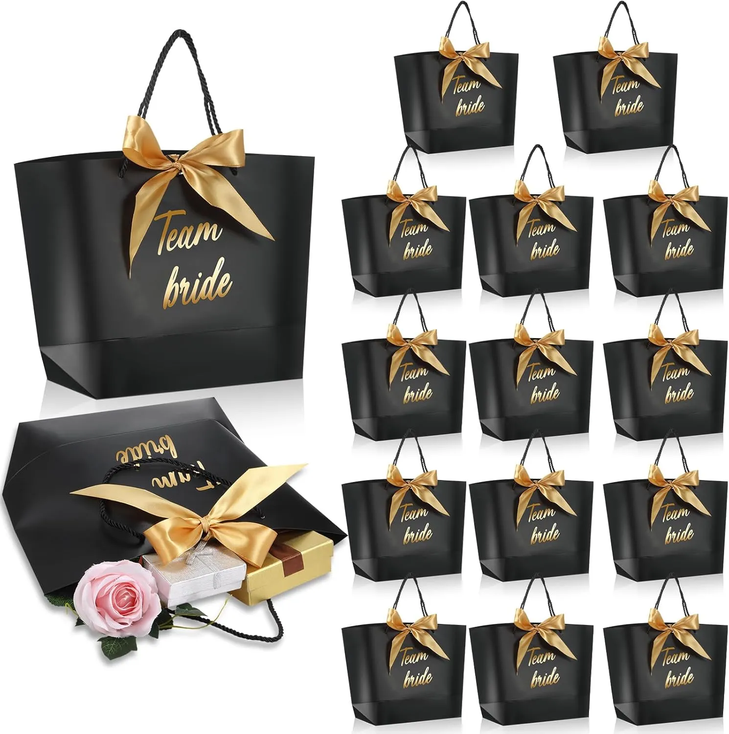 Tenceur 16 Pcs Team Bride Gift Bags with Bow Ribbon Bridesmaid Gift Paper Bags with Handle Black for Bridal Shower Weddings Bachelorette Parties