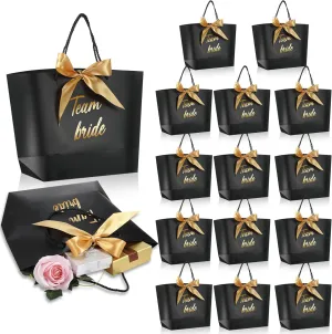 Tenceur 16 Pcs Team Bride Gift Bags with Bow Ribbon Bridesmaid Gift Paper Bags with Handle Black for Bridal Shower Weddings Bachelorette Parties