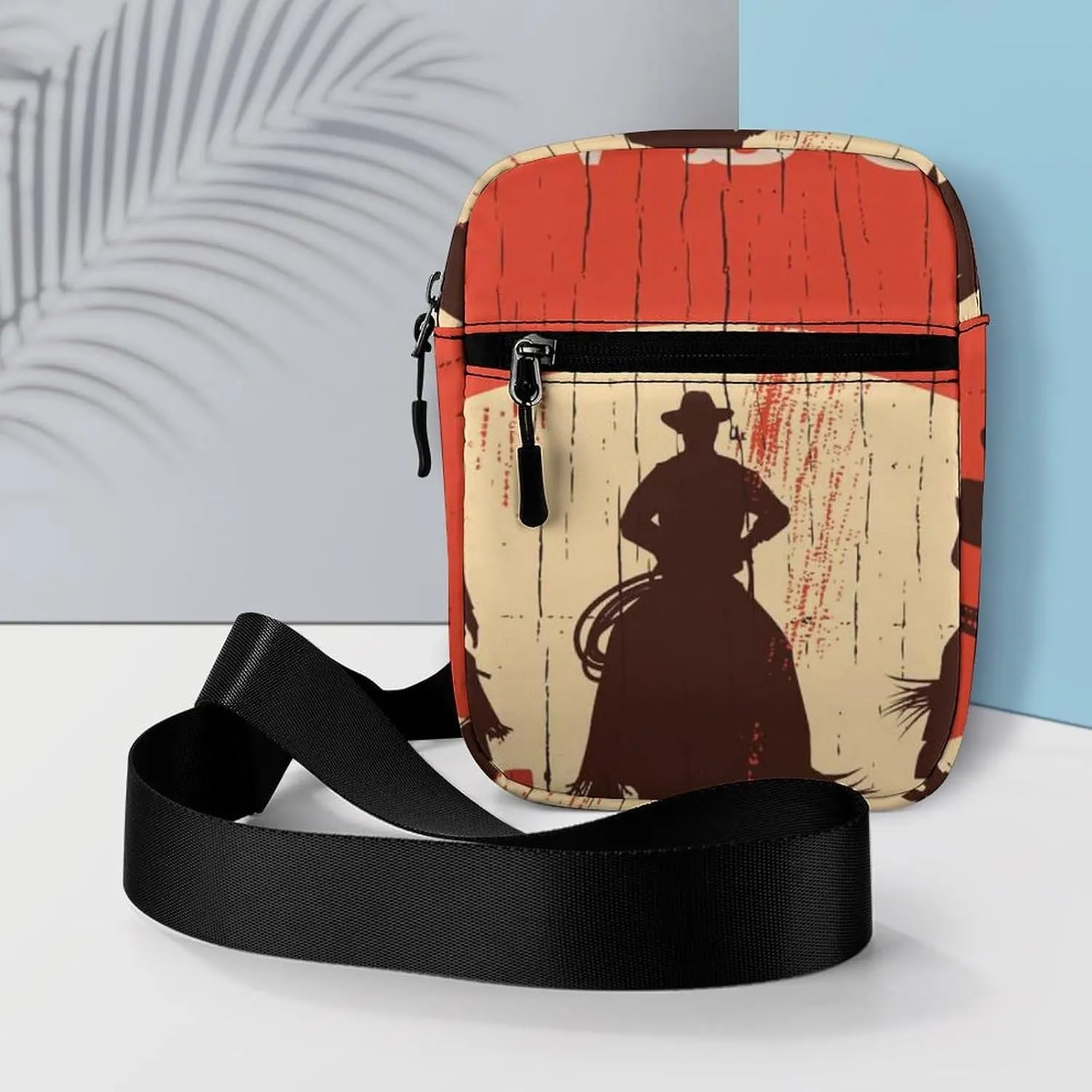 Three Cowboys Riding a Horse Moon Cacti on a Red Wooden Sign Adjustable Fanny Waist Pack Pouch, Waterproof Crossbody Runners Bag Wallet for Gym Hiking Fitness Women Men 6.1 x 2.2 x 7.9 inch