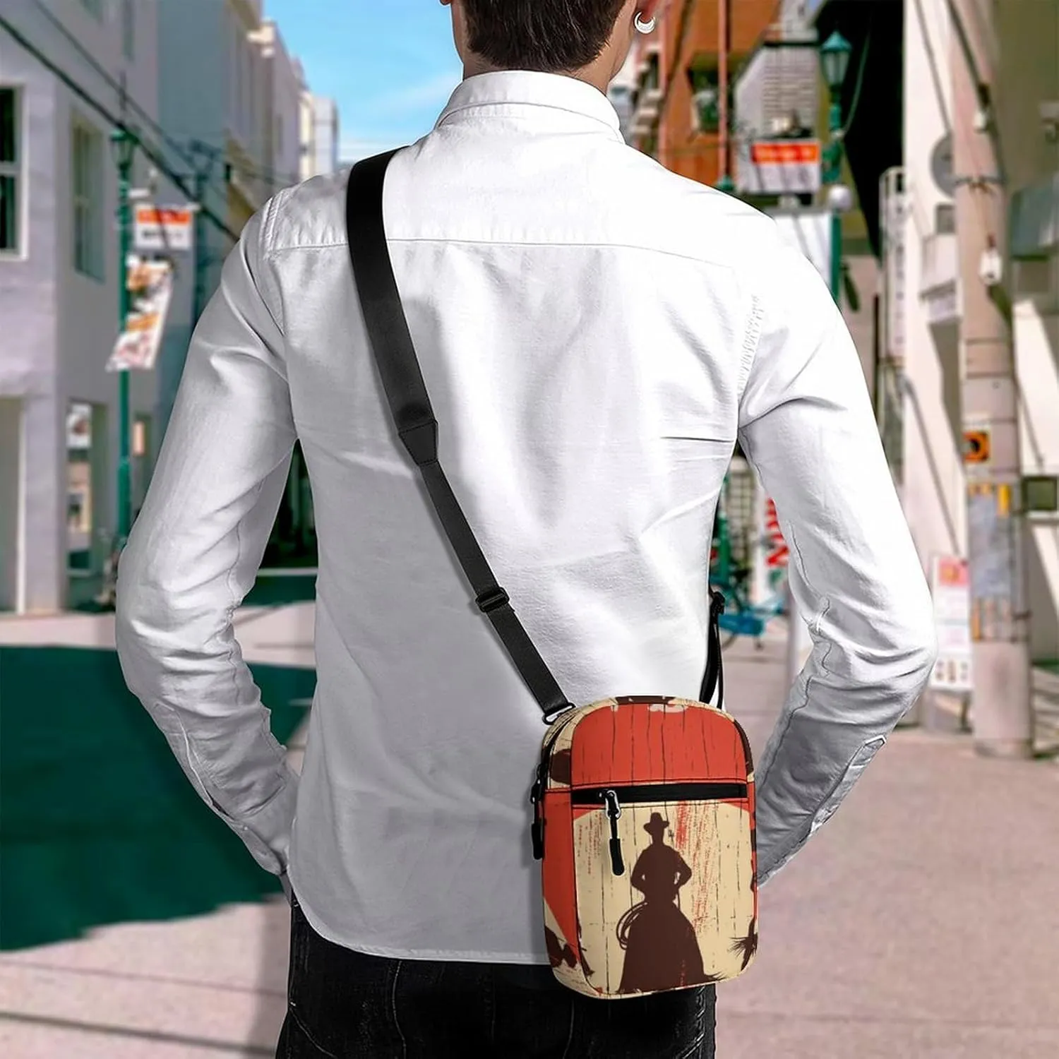 Three Cowboys Riding a Horse Moon Cacti on a Red Wooden Sign Adjustable Fanny Waist Pack Pouch, Waterproof Crossbody Runners Bag Wallet for Gym Hiking Fitness Women Men 6.1 x 2.2 x 7.9 inch