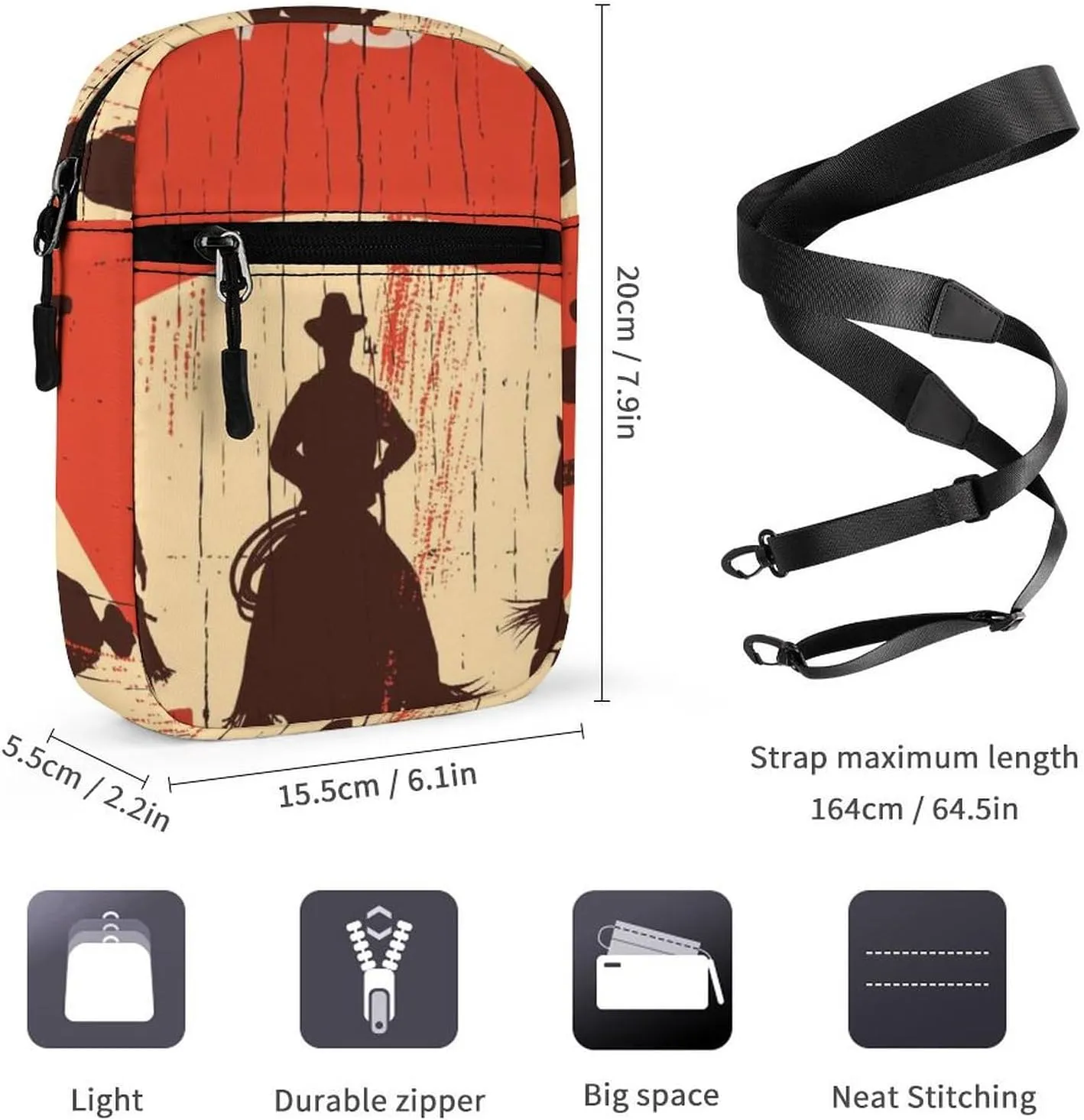 Three Cowboys Riding a Horse Moon Cacti on a Red Wooden Sign Adjustable Fanny Waist Pack Pouch, Waterproof Crossbody Runners Bag Wallet for Gym Hiking Fitness Women Men 6.1 x 2.2 x 7.9 inch