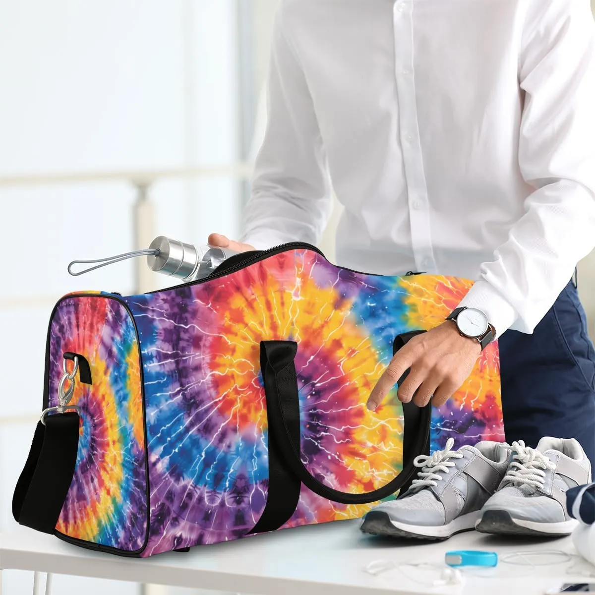 Tie Dye Colorful Travel Duffle Bag for Women Men Gym Duffel Foldable Bag Waterproof Weekender Spiral Fractal Duffle Tote
