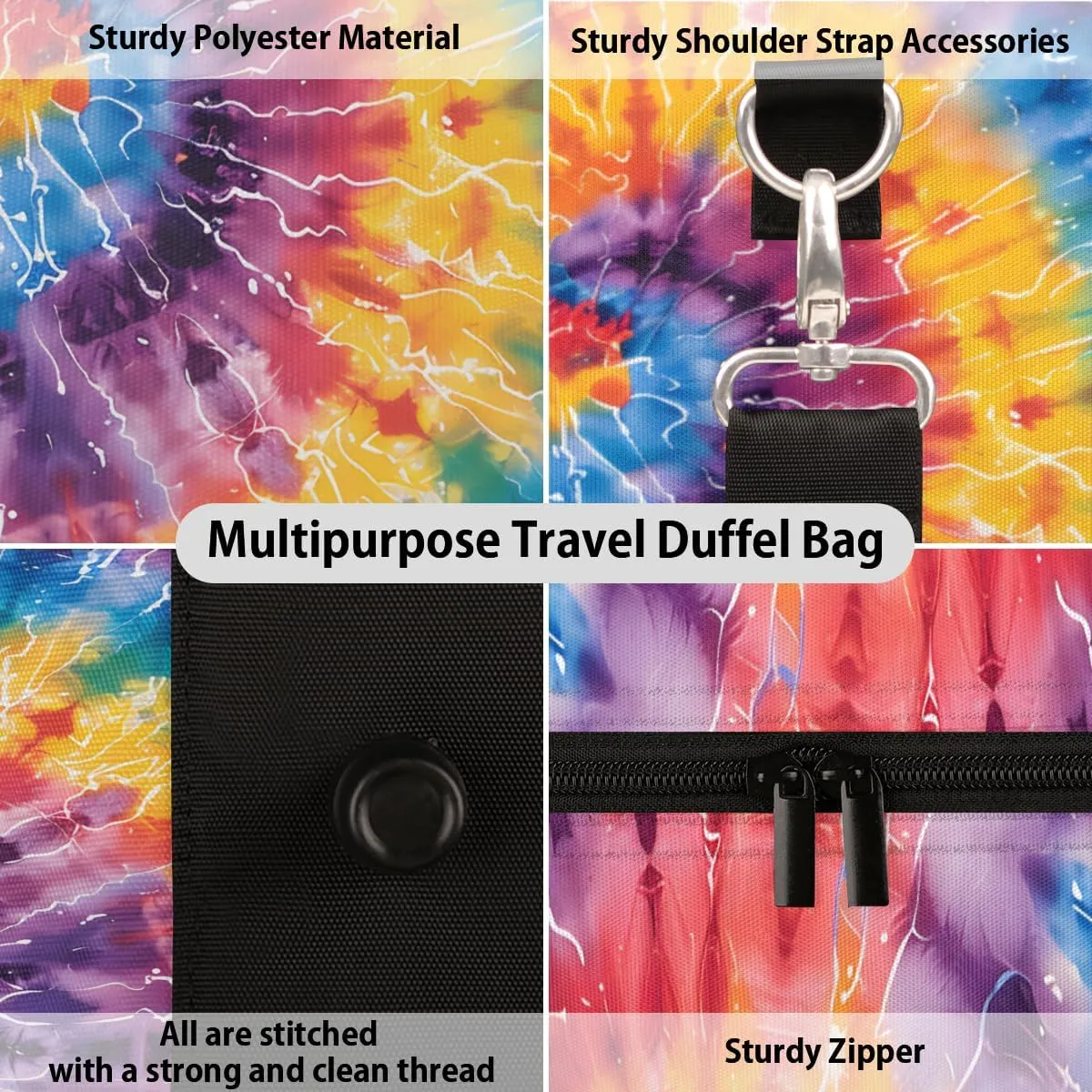 Tie Dye Colorful Travel Duffle Bag for Women Men Gym Duffel Foldable Bag Waterproof Weekender Spiral Fractal Duffle Tote