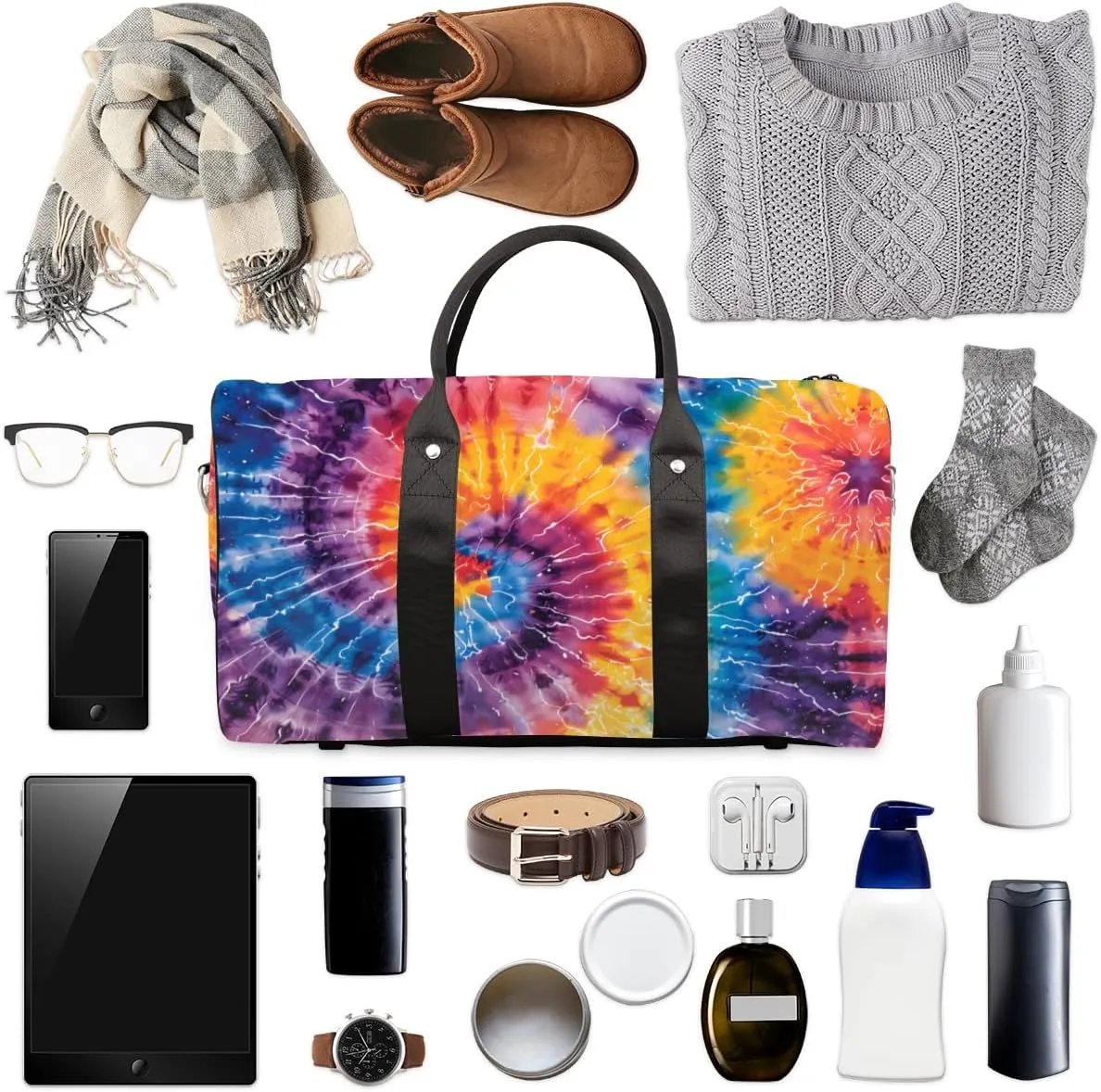 Tie Dye Colorful Travel Duffle Bag for Women Men Gym Duffel Foldable Bag Waterproof Weekender Spiral Fractal Duffle Tote