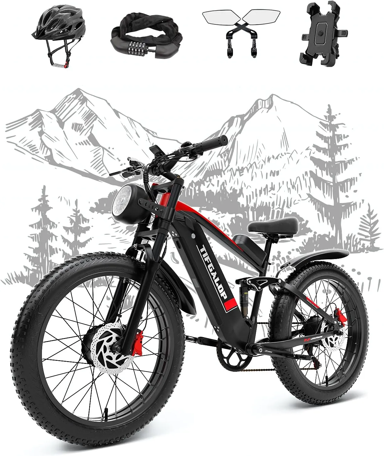 tifgalop Adult Electric Bike, 2000W Motor Maximum Speed 37MPH and 52V 22Ah Detachable Lithium Battery, Maximum Range 80km, 26 Inch Fat Tire Mountain Snow Beach