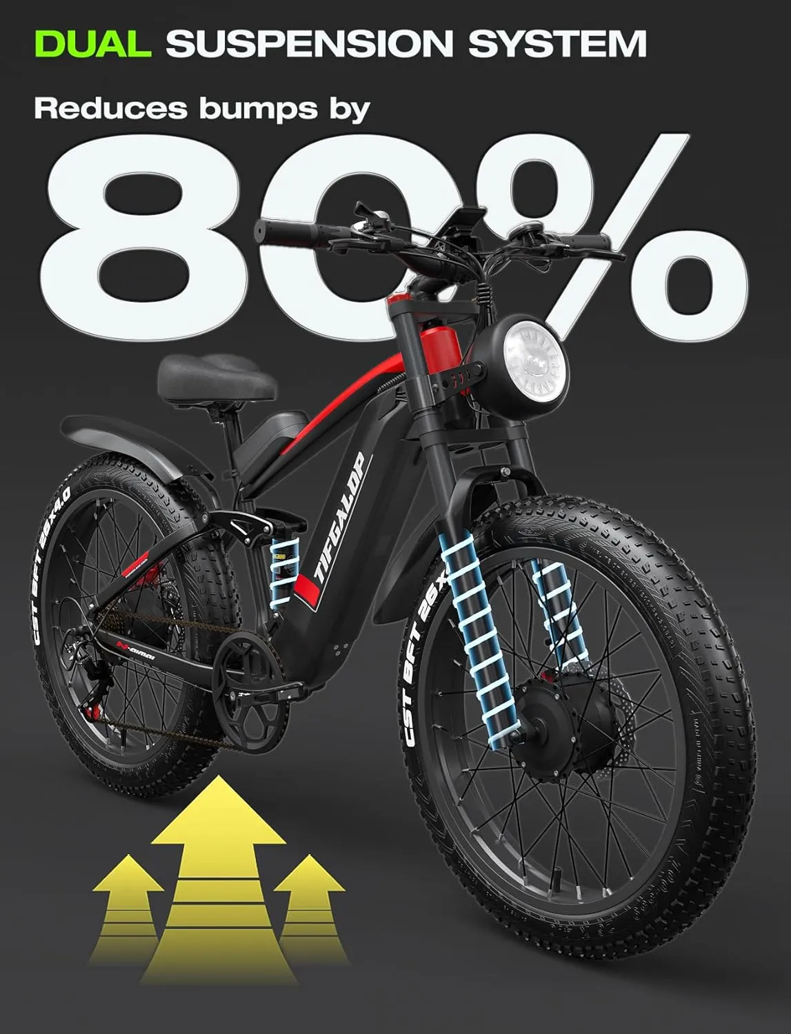 tifgalop Adult Electric Bike, 2000W Motor Maximum Speed 37MPH and 52V 22Ah Detachable Lithium Battery, Maximum Range 80km, 26 Inch Fat Tire Mountain Snow Beach