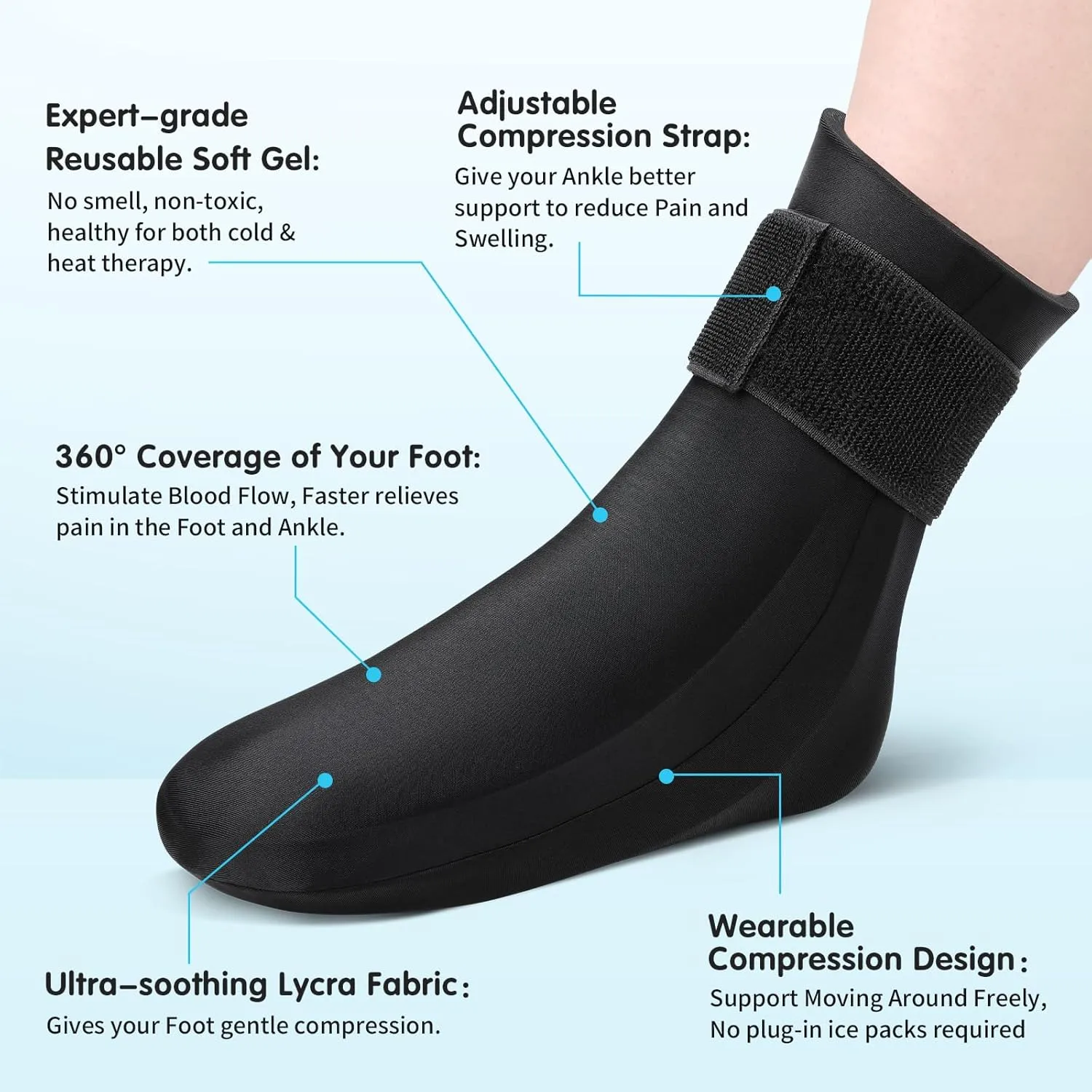 Tolaccea Ankle Foot Ice Pack Wrap for Injuries, Reusable Gel Cold Therapy Sock with Hot & Cold Therapy, Instant Pain Relief for Achilles Tendonitis, Plantar Fasciitis, Foot Heel (Large (Pack of 2))